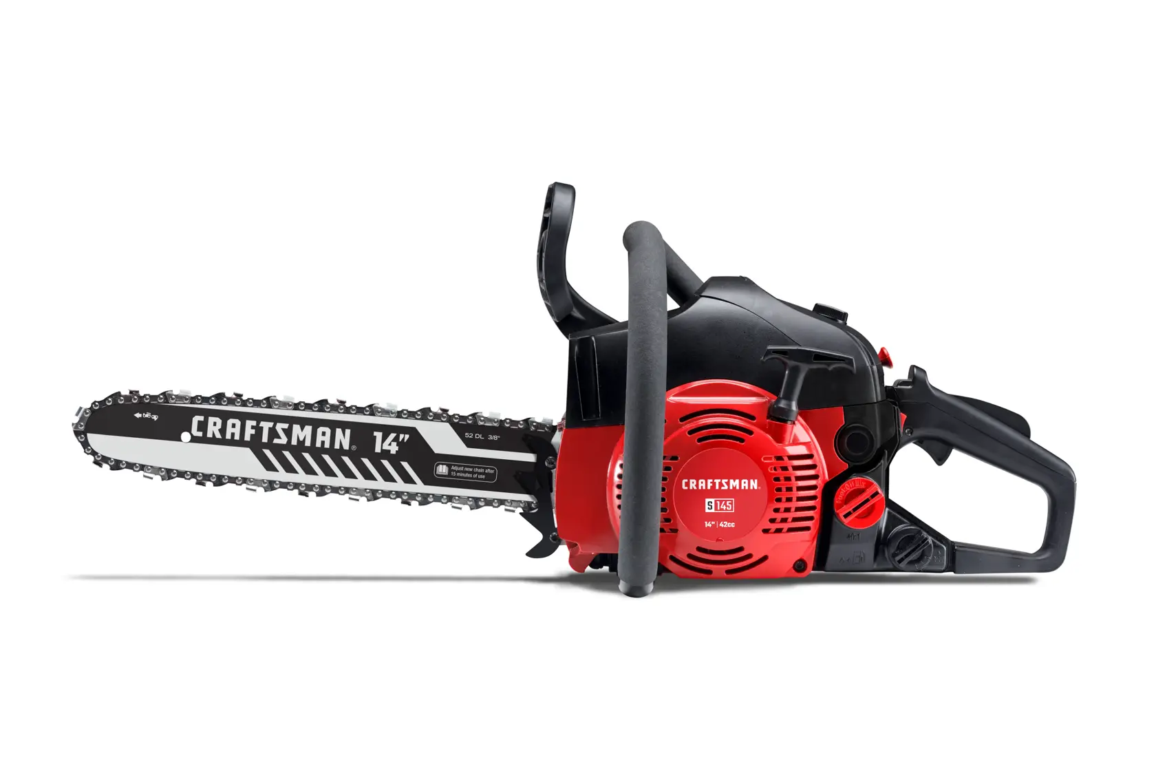 A red and black 14-inch Craftsman gas-powered chainsaw with a visible chain blade, handle, and engine housing, displayed on a white background.