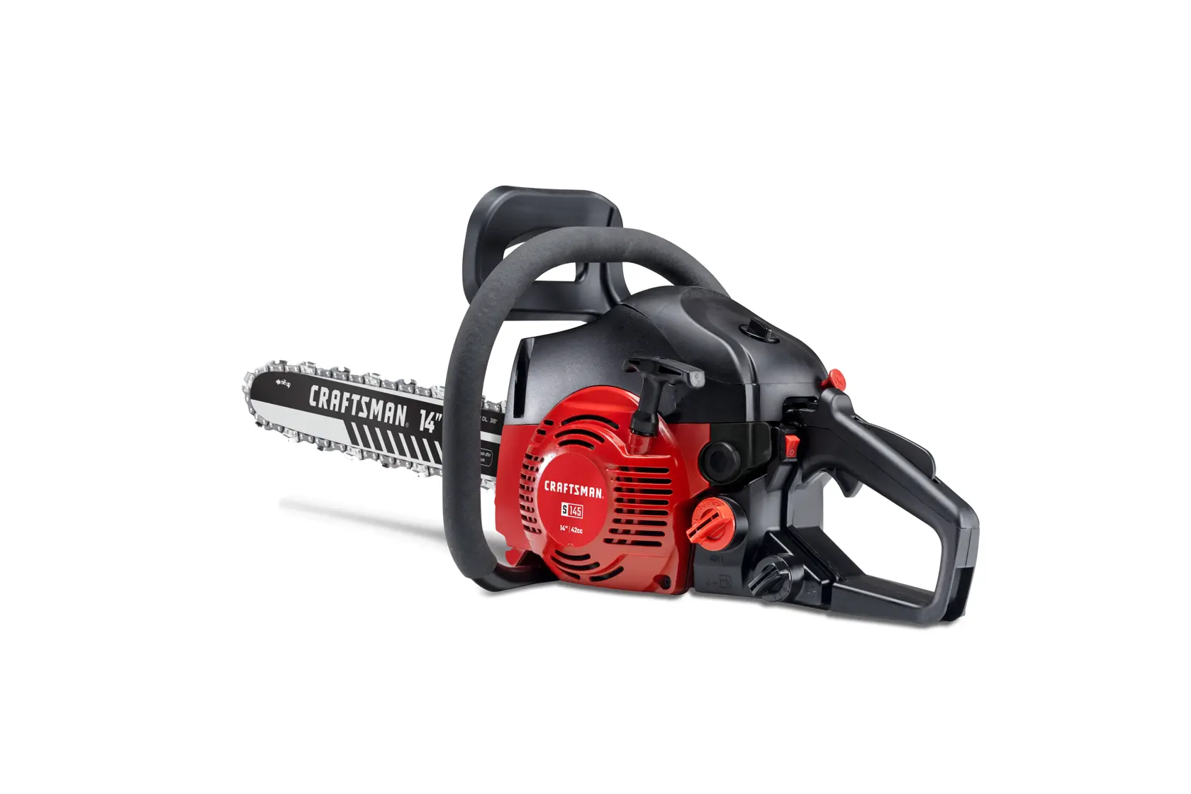 A Craftsman 14-inch gas-powered chainsaw with a red and black body, designed for cutting wood. The chainsaw is shown on a white background.