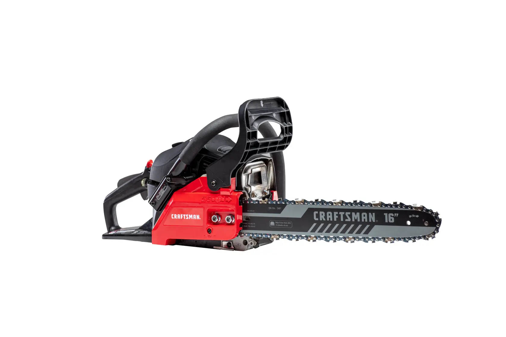 A red and black Craftsman 16-inch chainsaw with a visible chain and handle, positioned on a white background.