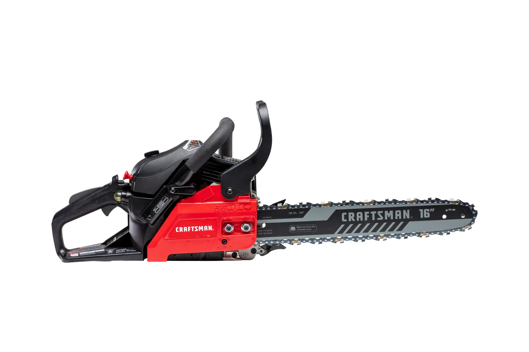 A red and black Craftsman 16-inch gas-powered chainsaw with a visible chain and handle, photographed on a white background.