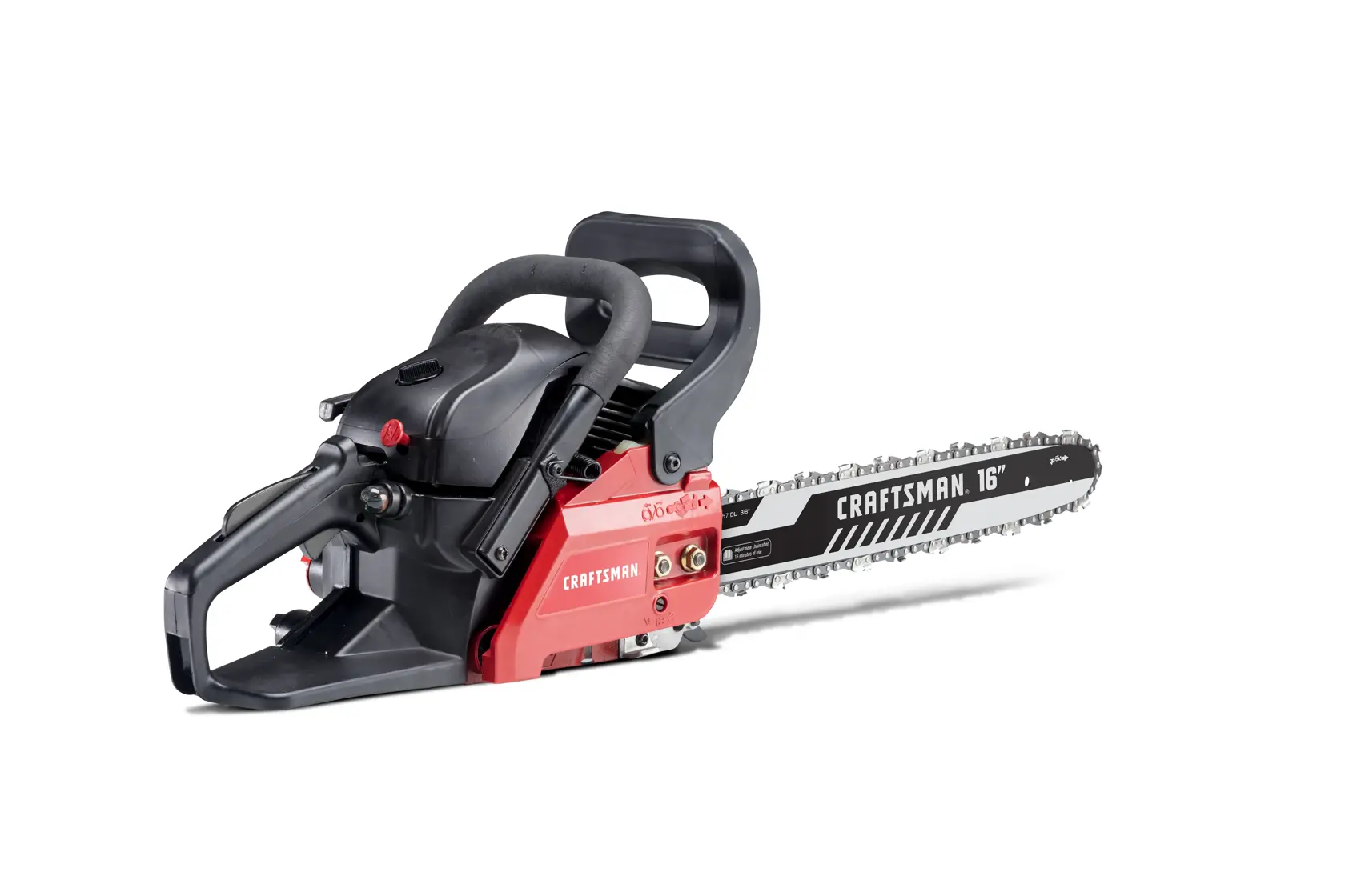 A red and black Craftsman 16-inch chainsaw with a visible blade and handle, placed on a white background.