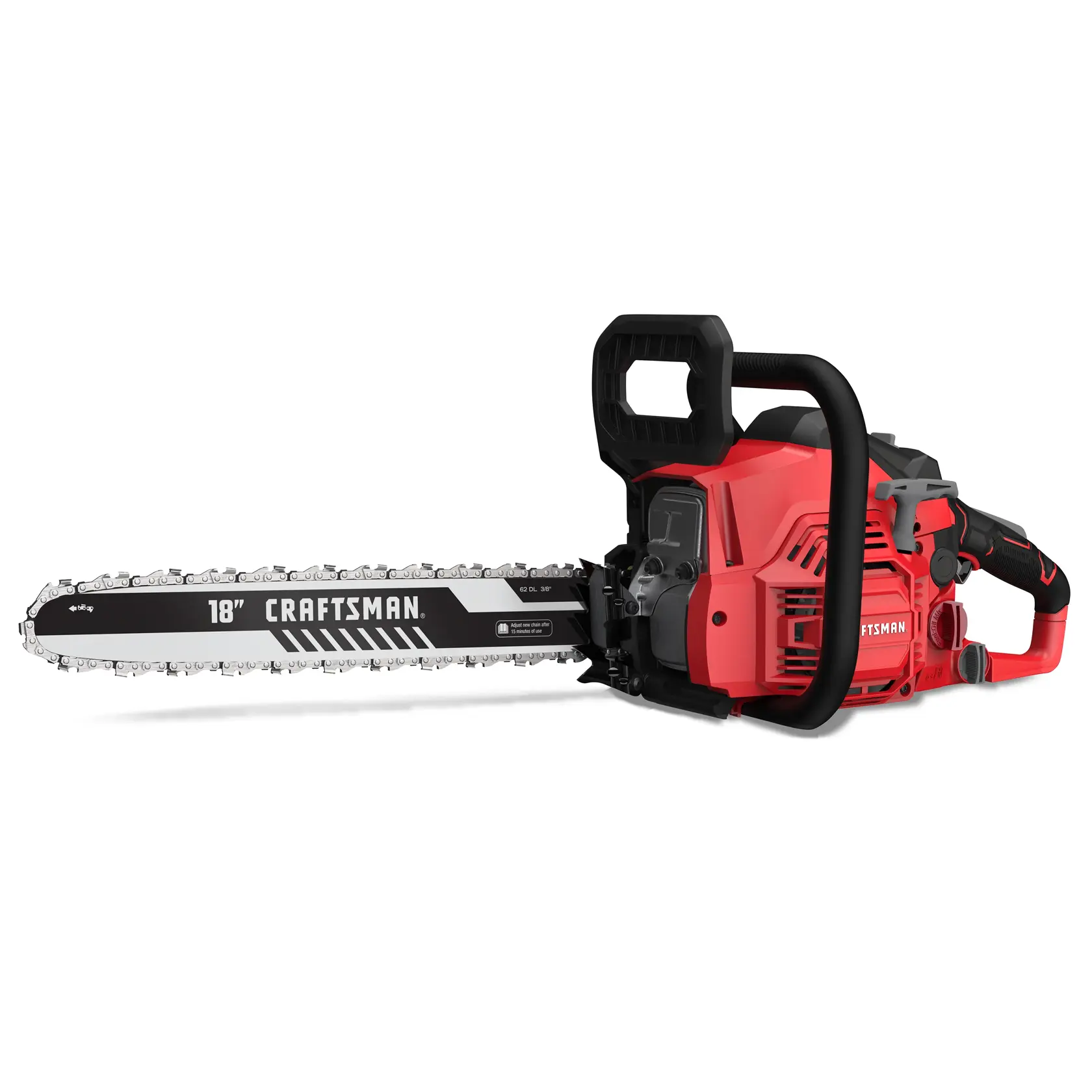 A red and black Craftsman chainsaw with an 18-inch blade, shown on a white background.