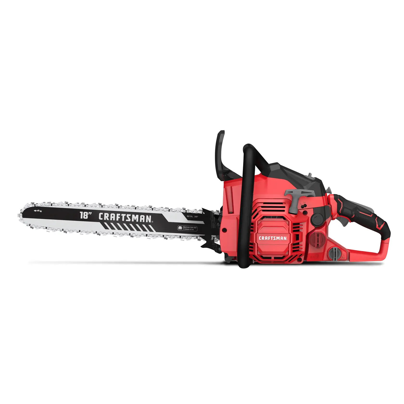 A red and black Craftsman 18-inch chainsaw shown from the side against a white background.