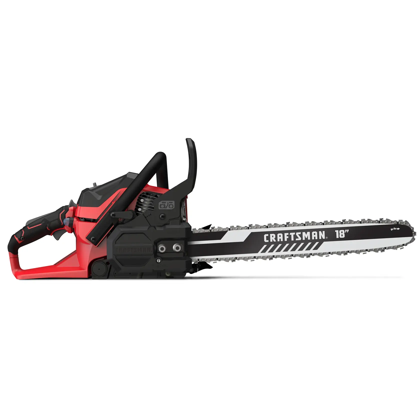 A side view of a red and black Craftsman 18-inch chainsaw with a visible blade and ergonomic handle.