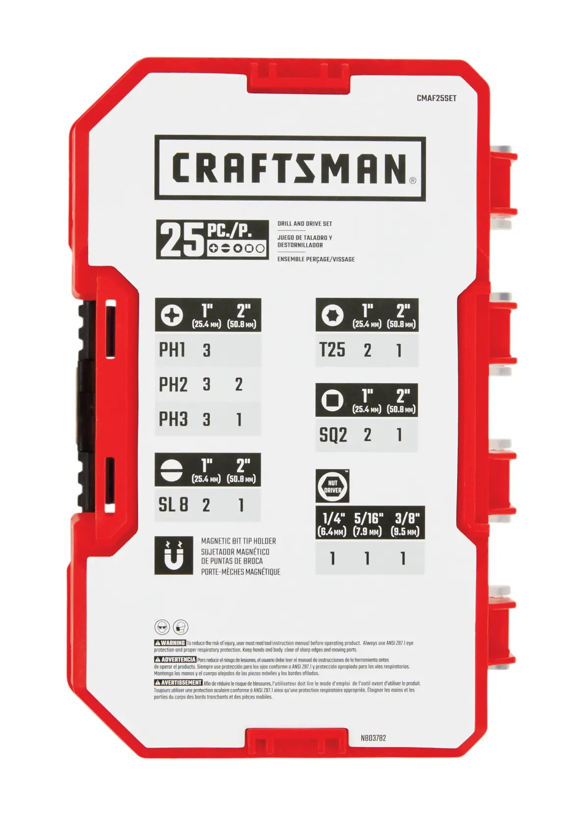 Craftsman coffret perceuse et vissage 25 pièces CMAF25SET vue beauté fond blanc angle avant supérieur