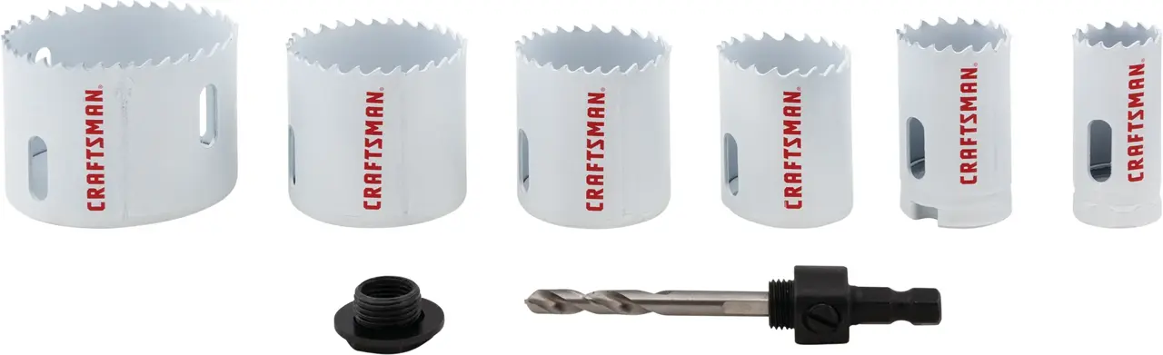Craftsman hole saw kit with six saw blades, pilot drill bit, and adapter, white background beauty shot, front angle.
