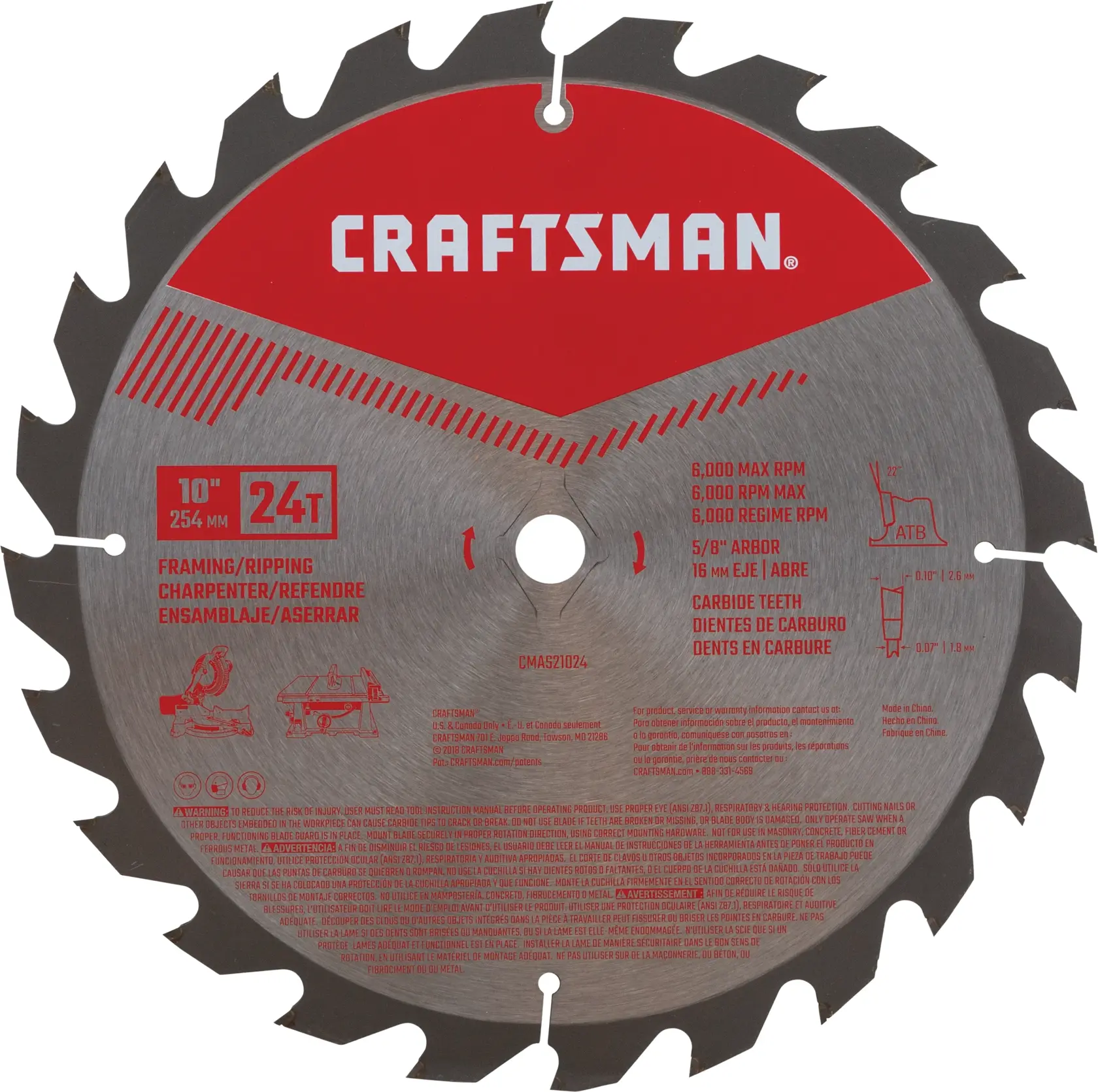 CRAFTSMAN Lame 10 po 24 dents Pour Charpentage Et Refente