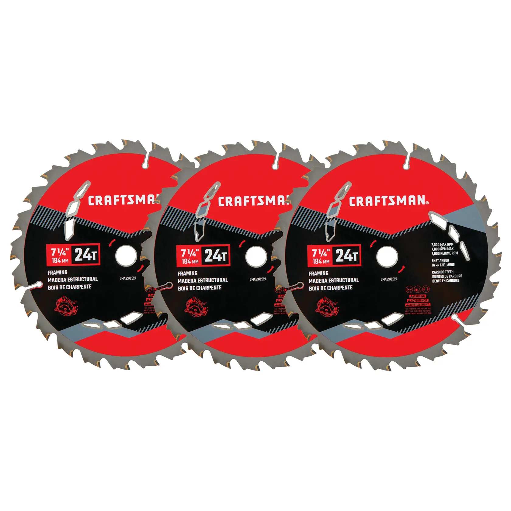 Craftsman 7-1/4 inch 24T framing saw blade 3-pack CMAS372524 white background beauty shot front angle.