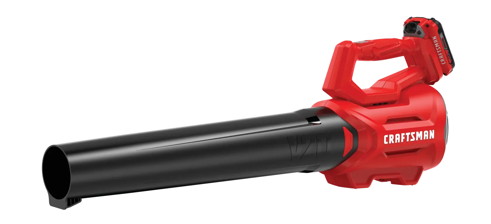 Photo of a Craftsman CMCBL700D1 cordless leaf blower, red and black, side angle, on white background.