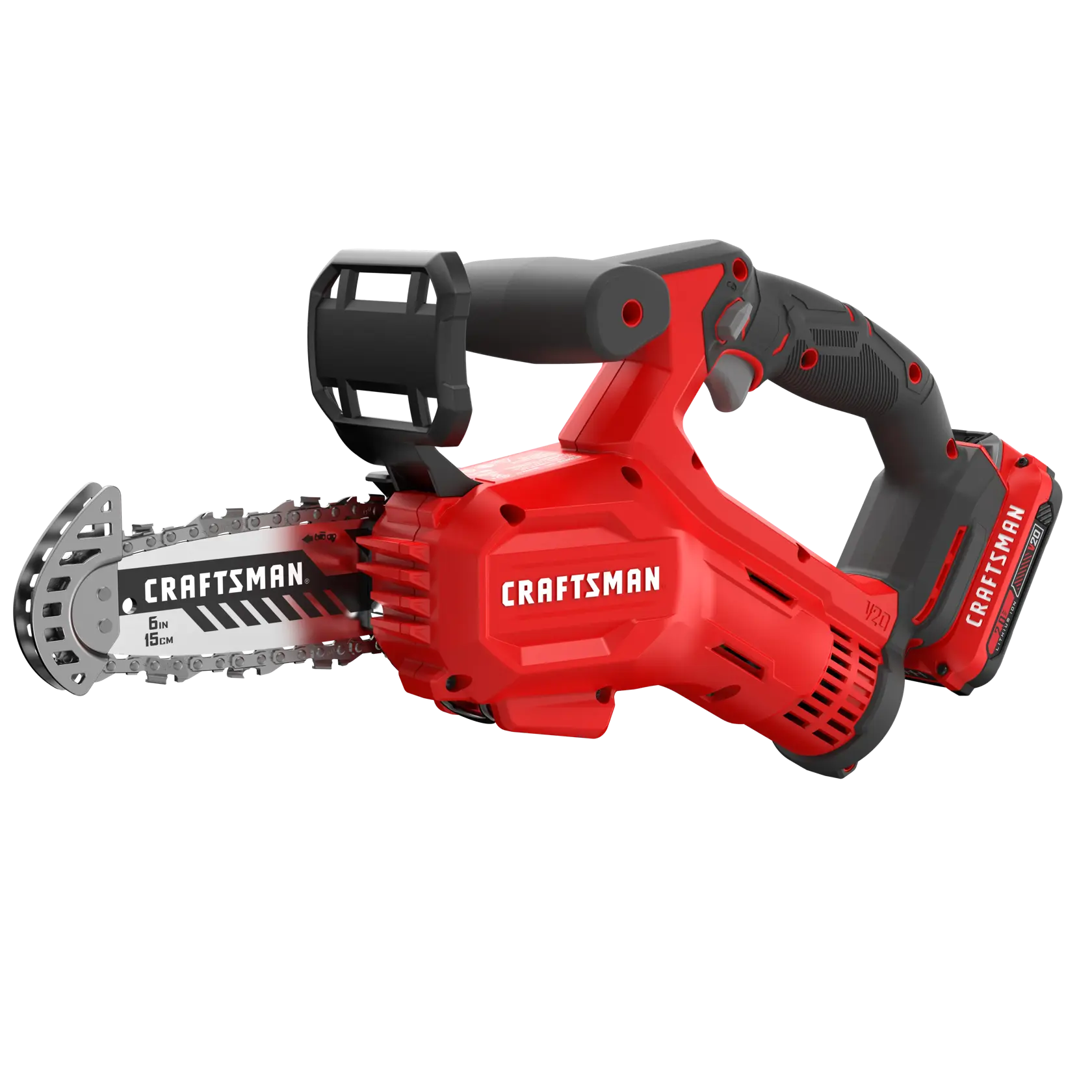 Craftsman CMCCS320D1 compact cordless mini chainsaw, red and black, 6-inch blade, side angle on white background.