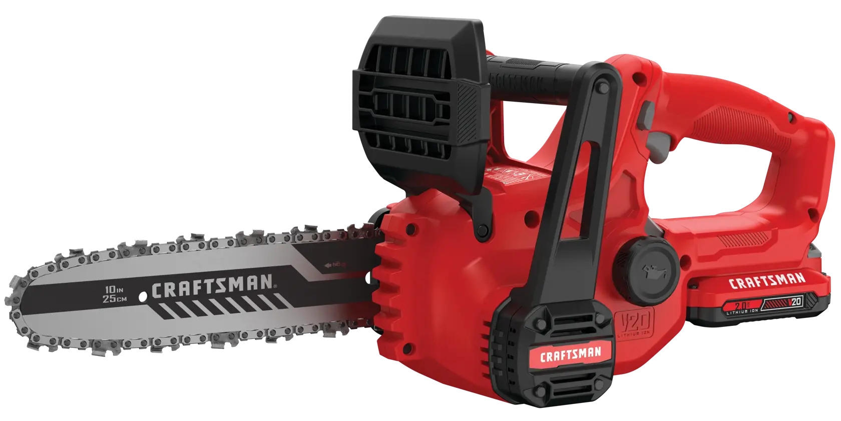 Photo of CRAFTSMAN chainsaw, SKU CMCCS610D1, red and black, front angle on white background, cordless design.