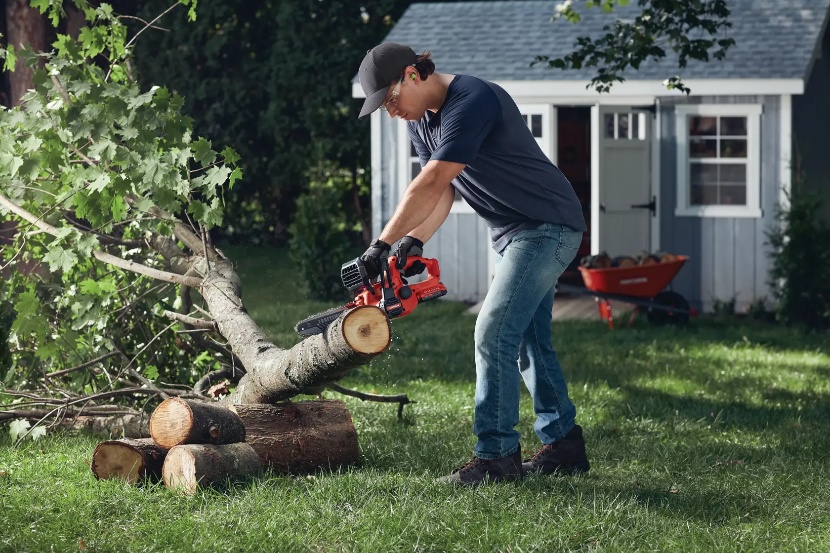 Cordless 10 inch chainsaw kit 2 amp hour being used for cutting tree trunk.