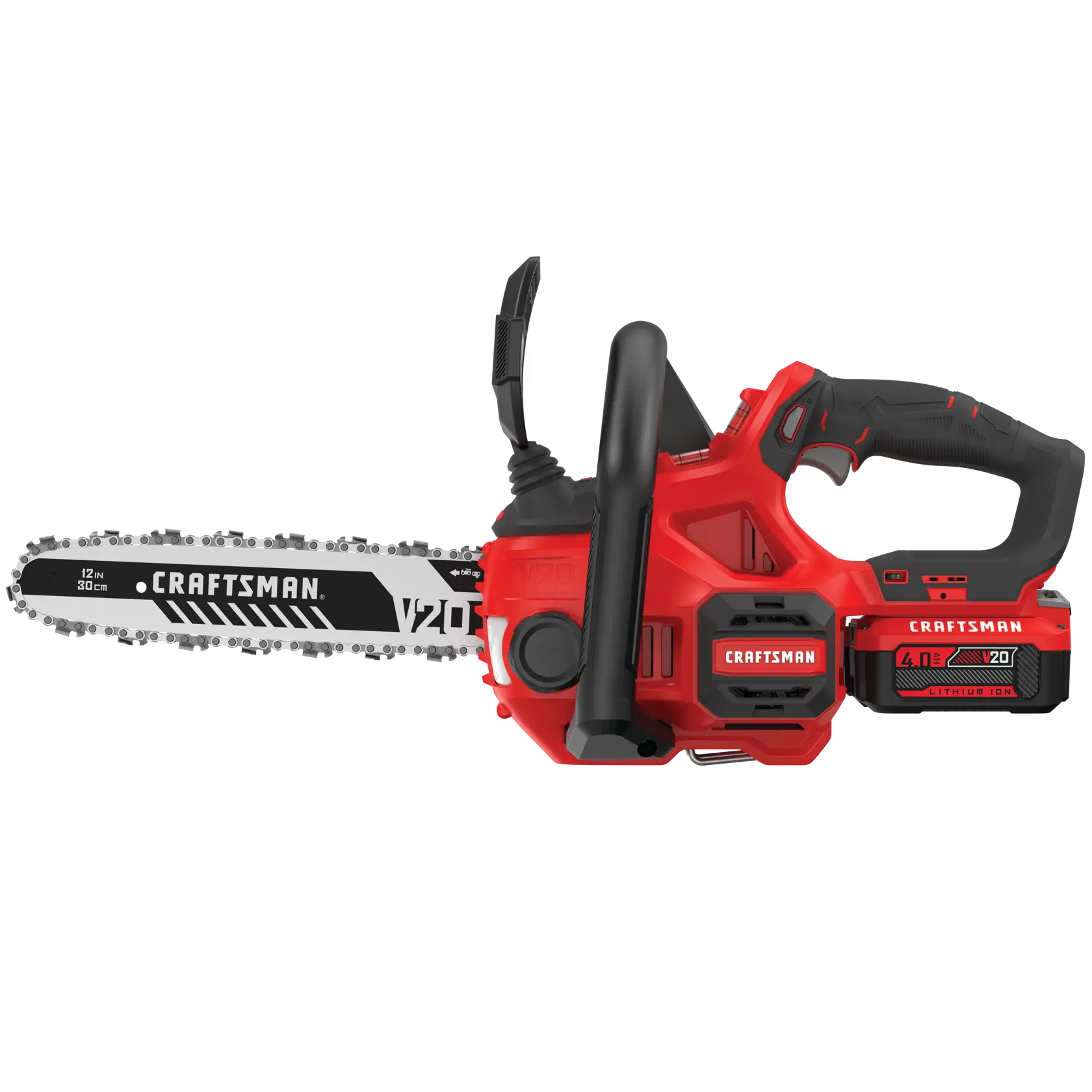 Photo de la tronçonneuse sans fil Craftsman CMCCS620M1-CA avec batterie lithium-ion V20 4,0Ah, angle latéral sur fond blanc.