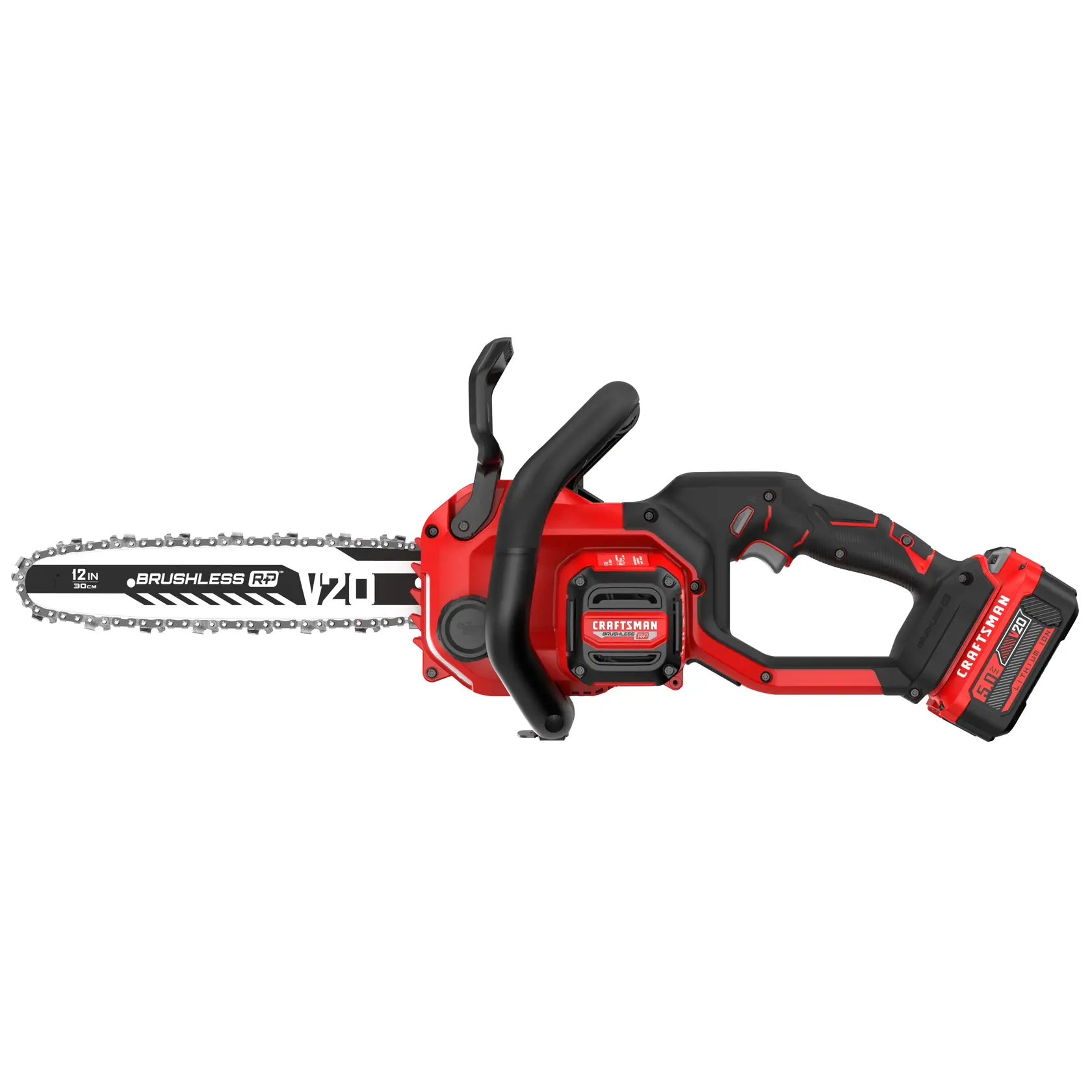 CRAFTSMAN Brushless Cordless Chainsaw kitted with 5Ah Battery side view