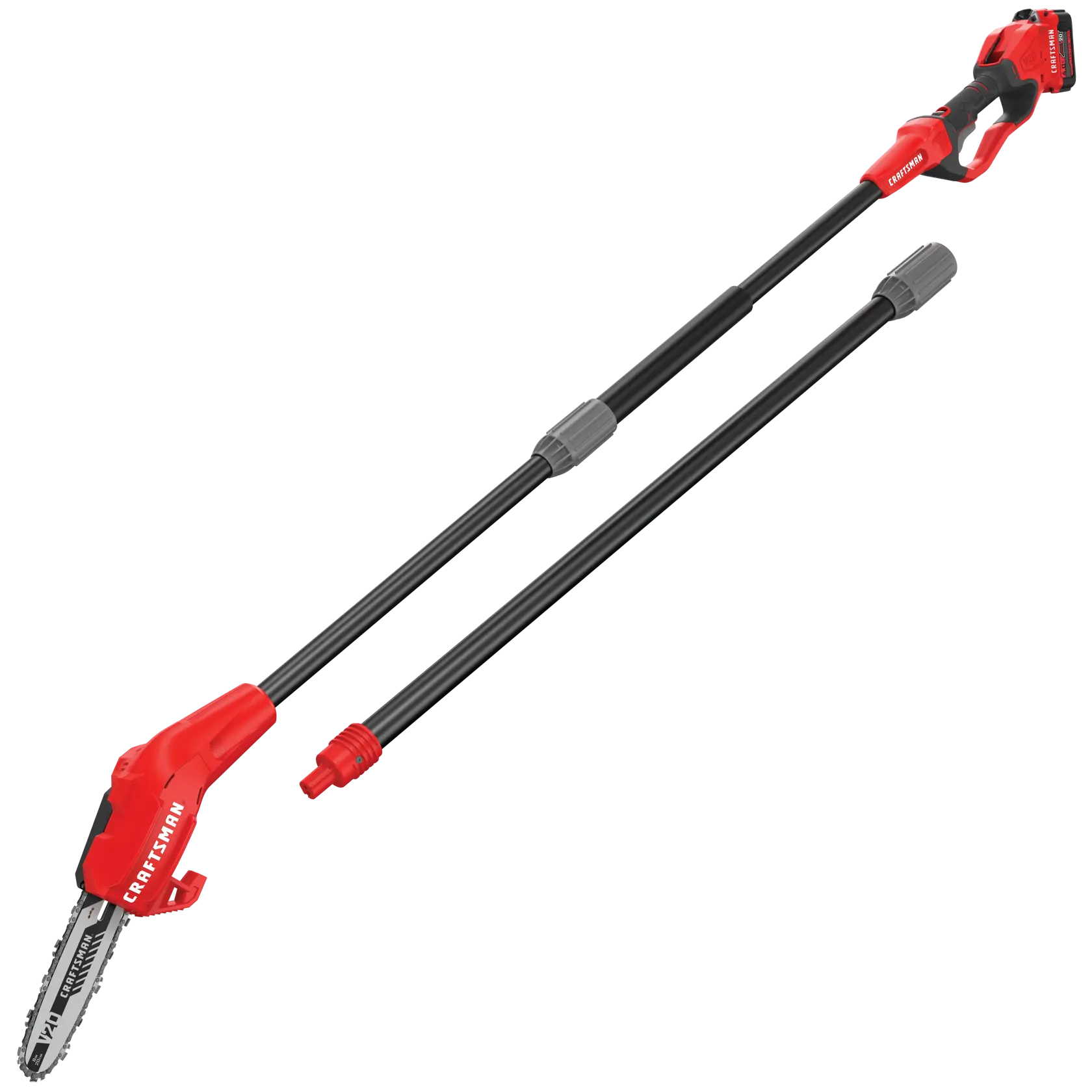Photographie de la scie d'élagage sans fil CRAFTSMAN CMCCSP20M1, rouge et noir, vue latérale sur fond blanc.