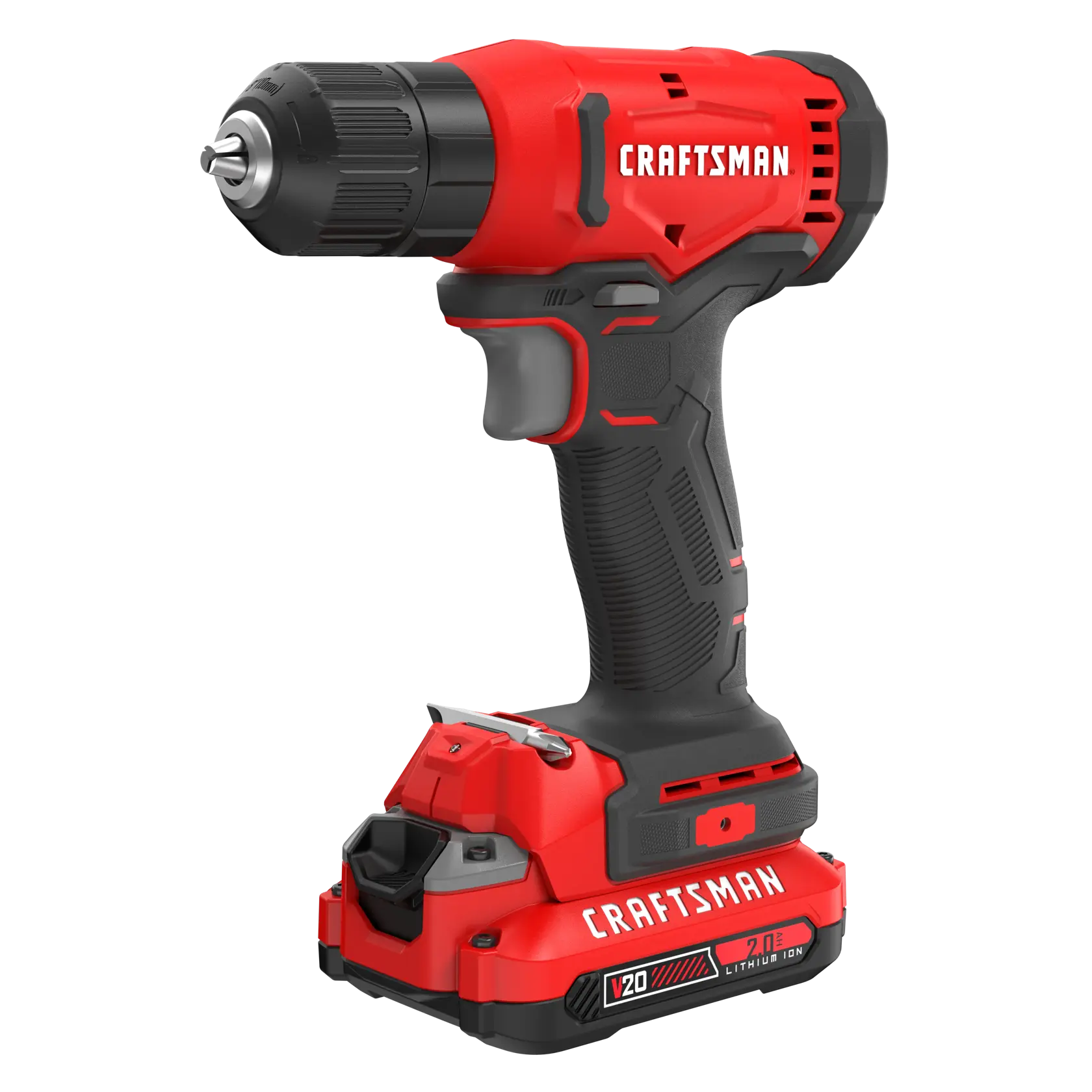 Perceuse sans fil rouge et noire avec logo CRAFTSMAN et batterie lithium-ion fixée à la base.