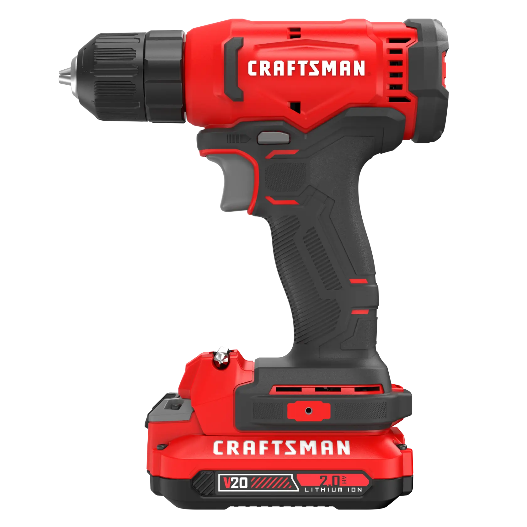 Perceuse sans fil Craftsman rouge et noire avec batterie lithium-ion V20.