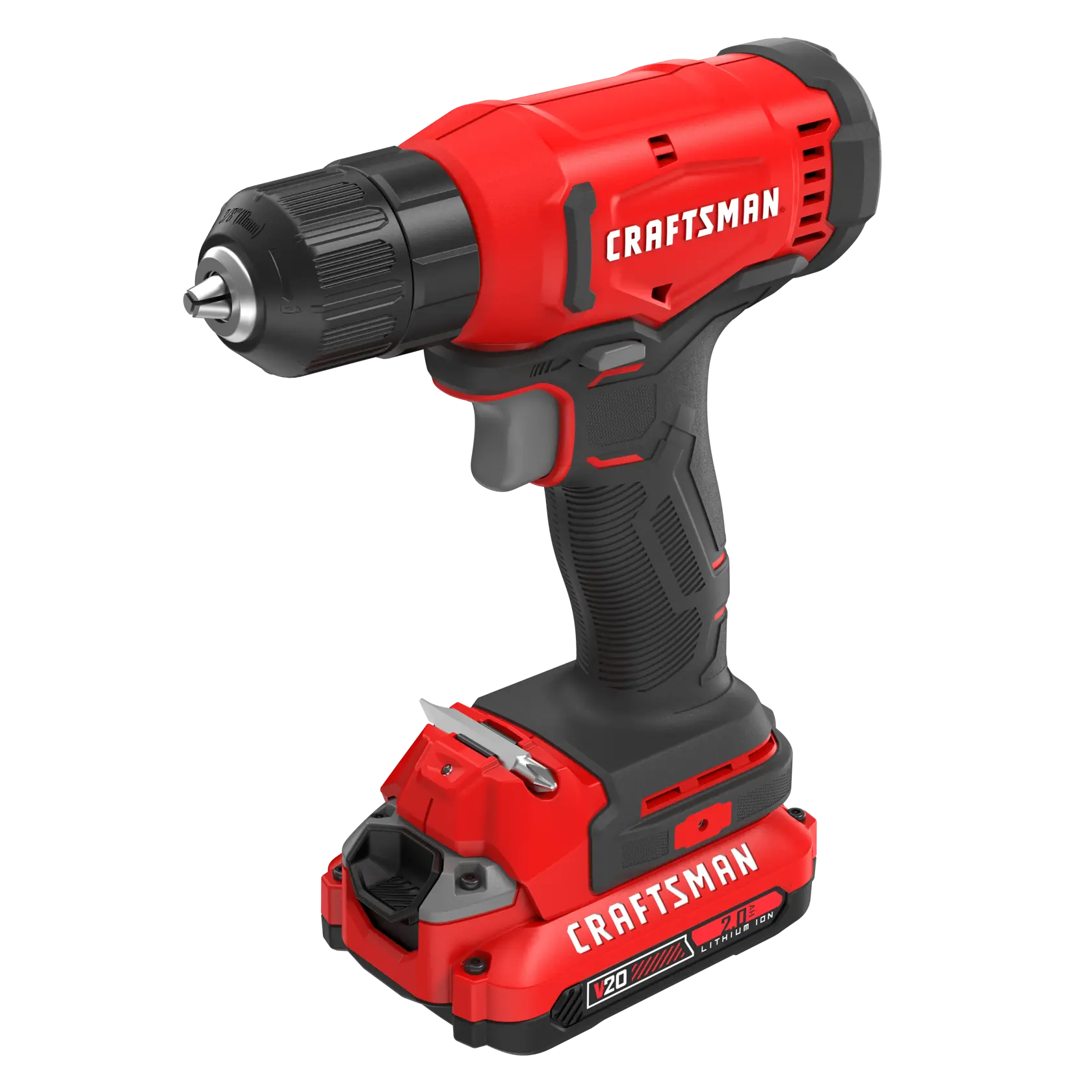 Perceuse sans fil CRAFTSMAN rouge avec poignée noire et batterie lithium-ion V20.