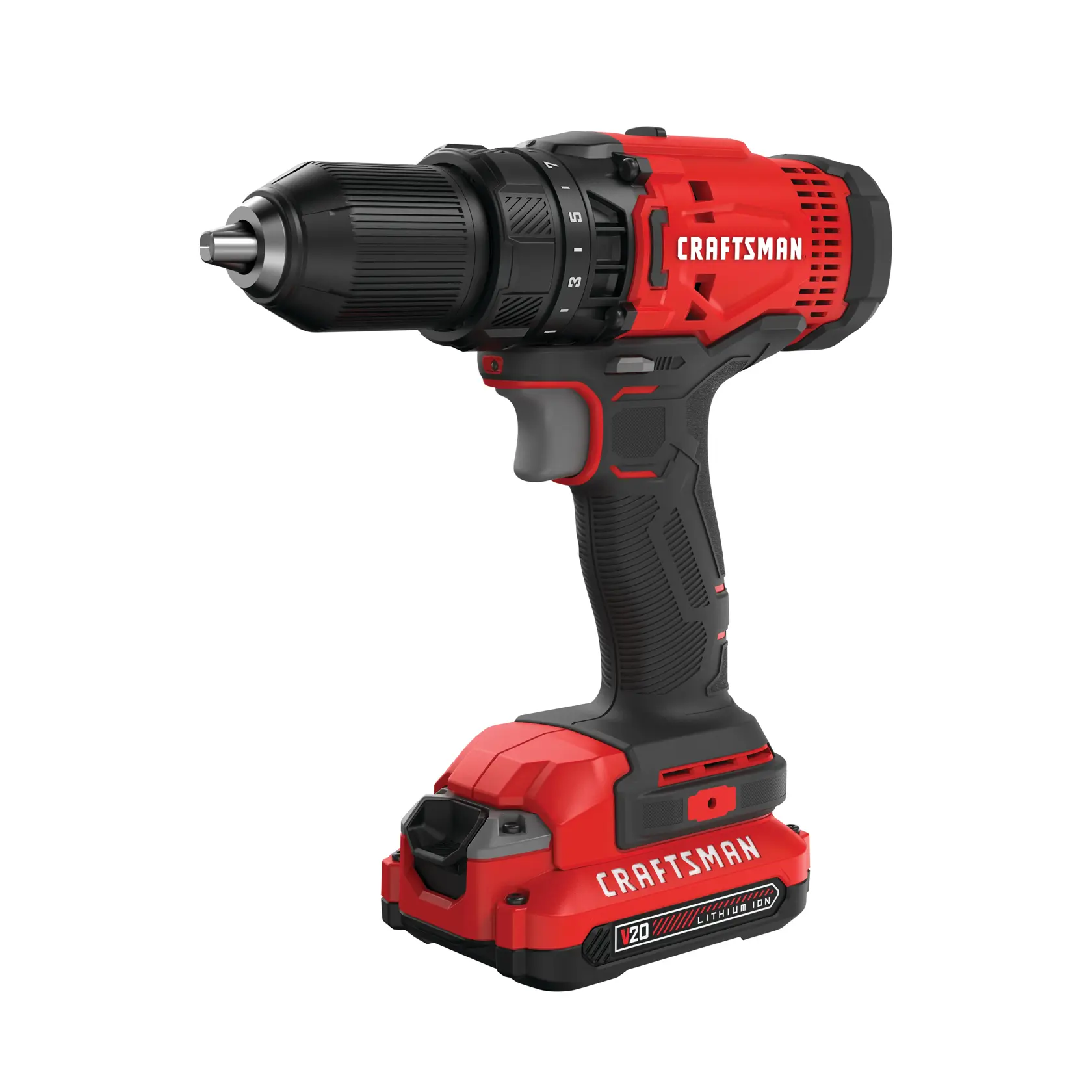 Photo of CRAFTSMAN CMCD700C1 cordless drill, red and black, with V20 lithium-ion battery, front-left angle.