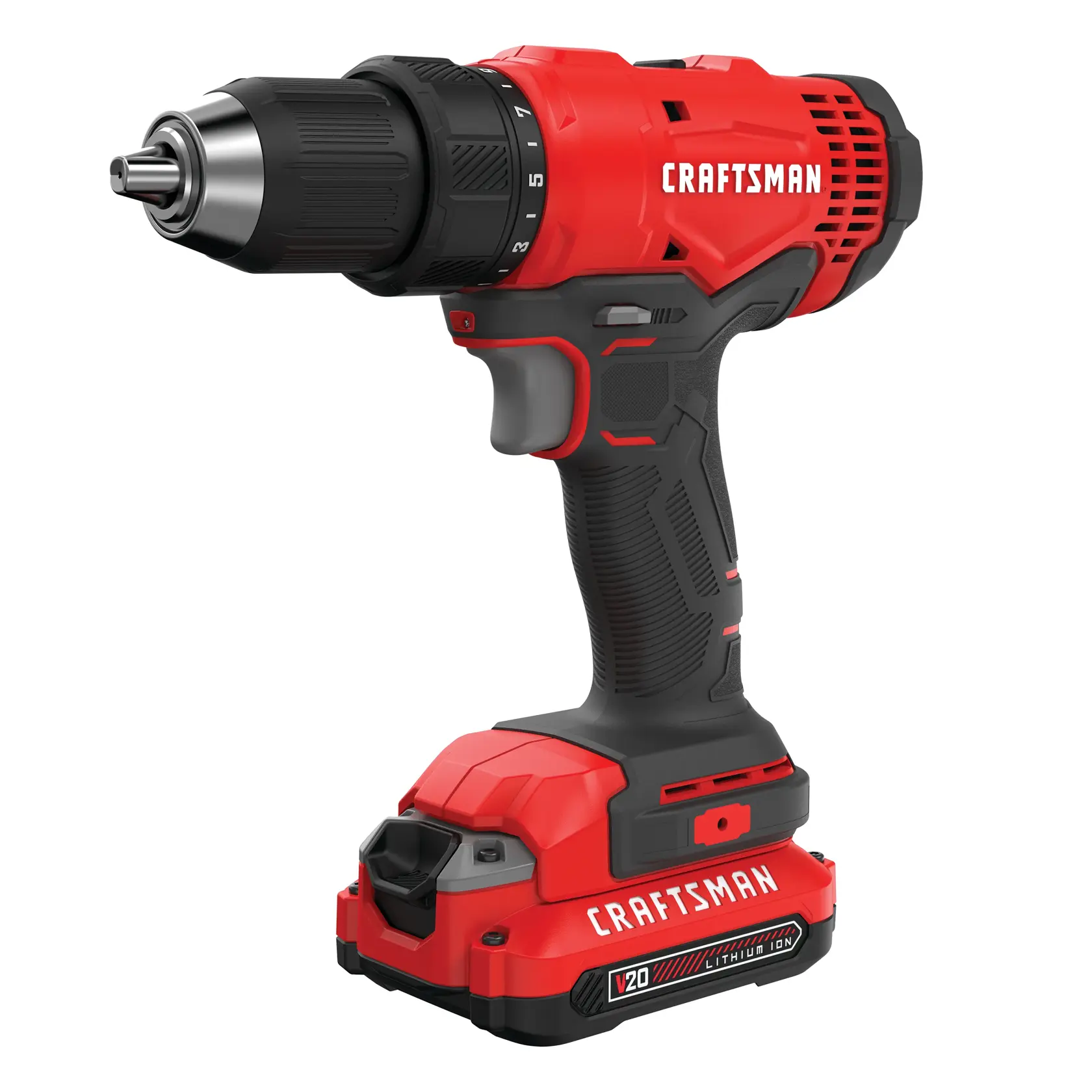 Craftsman V20 perceuse sans fil CMCD700C1 fond blanc beauty shot angle avant gauche.