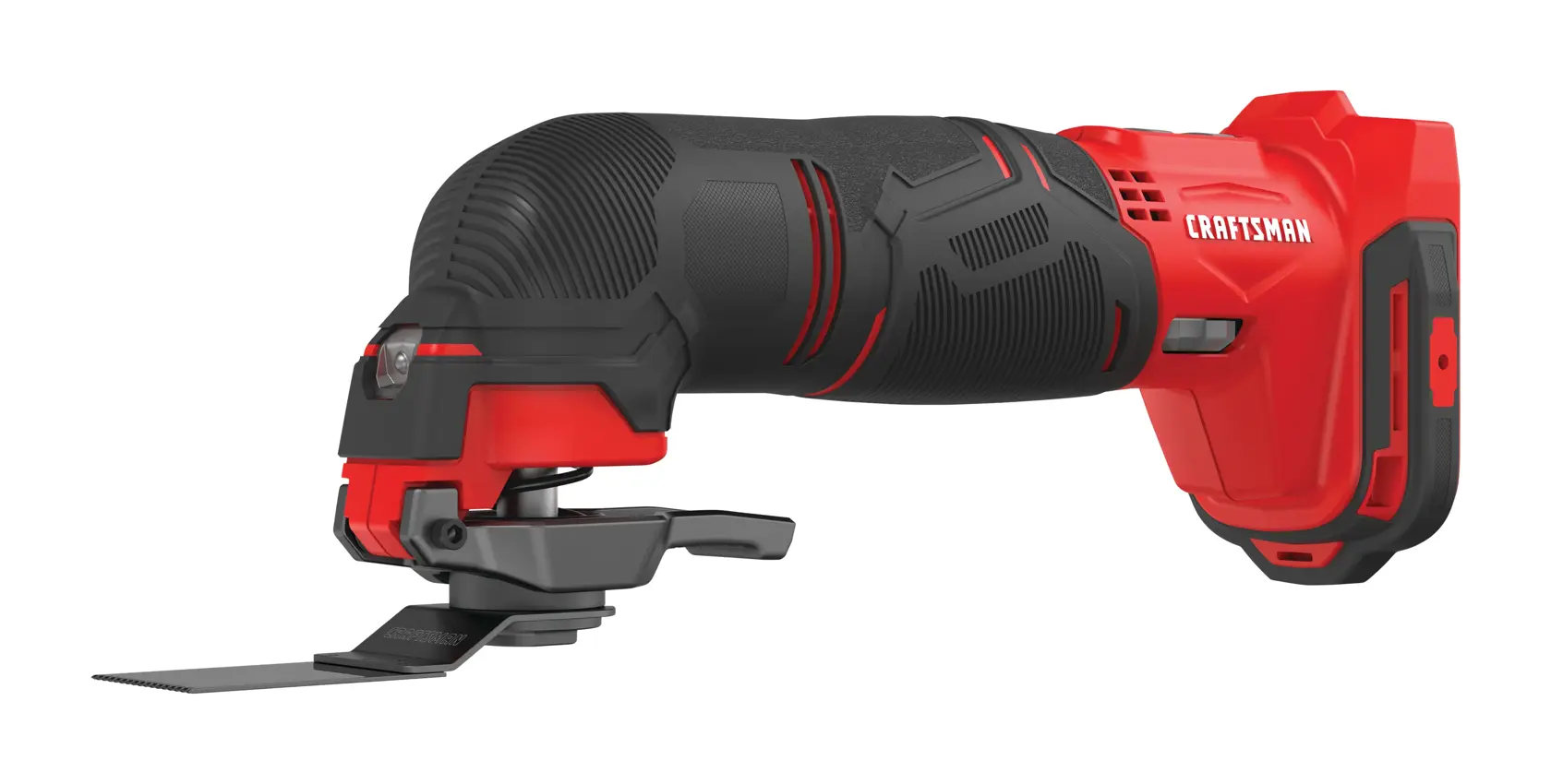A red and black cordless oscillating multi-tool with a flat blade attachment, branded Craftsman.