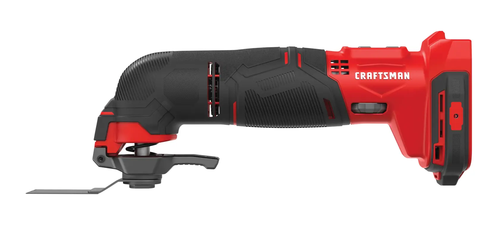 A cordless oscillating multi-tool with a black and red handle, shown in profile view. The tool is branded 'CRAFTSMAN' on the side and has a flat blade attachment at the front. The battery compartment is visible at the rear.