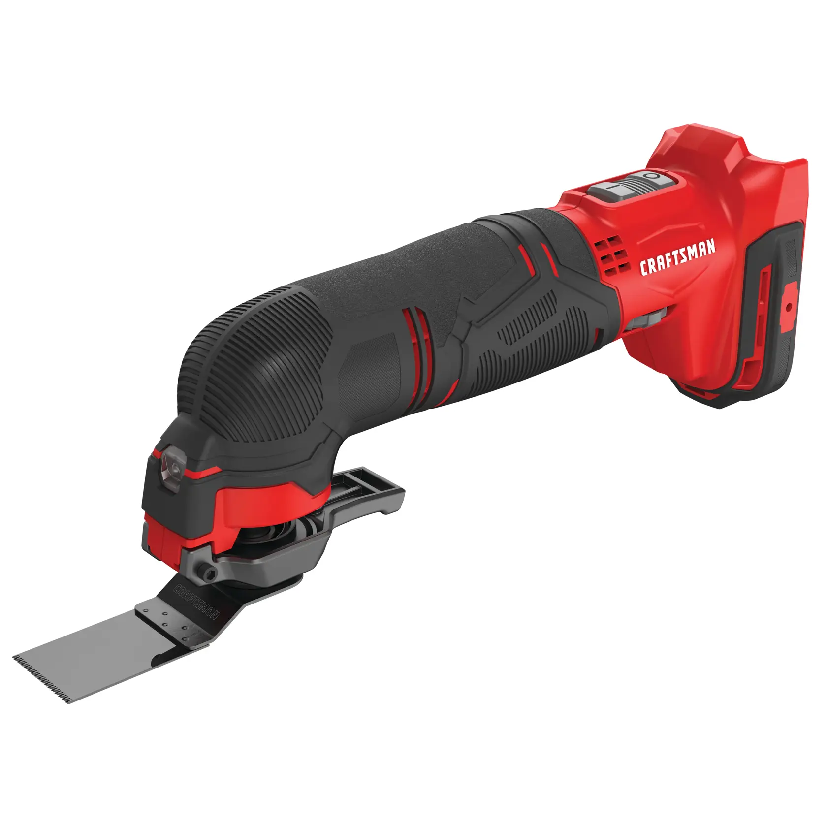 A red and black cordless oscillating multi-tool with a rubberized grip and a metal blade attachment, designed for various cutting and sanding tasks. The tool is branded with the Craftsman logo.