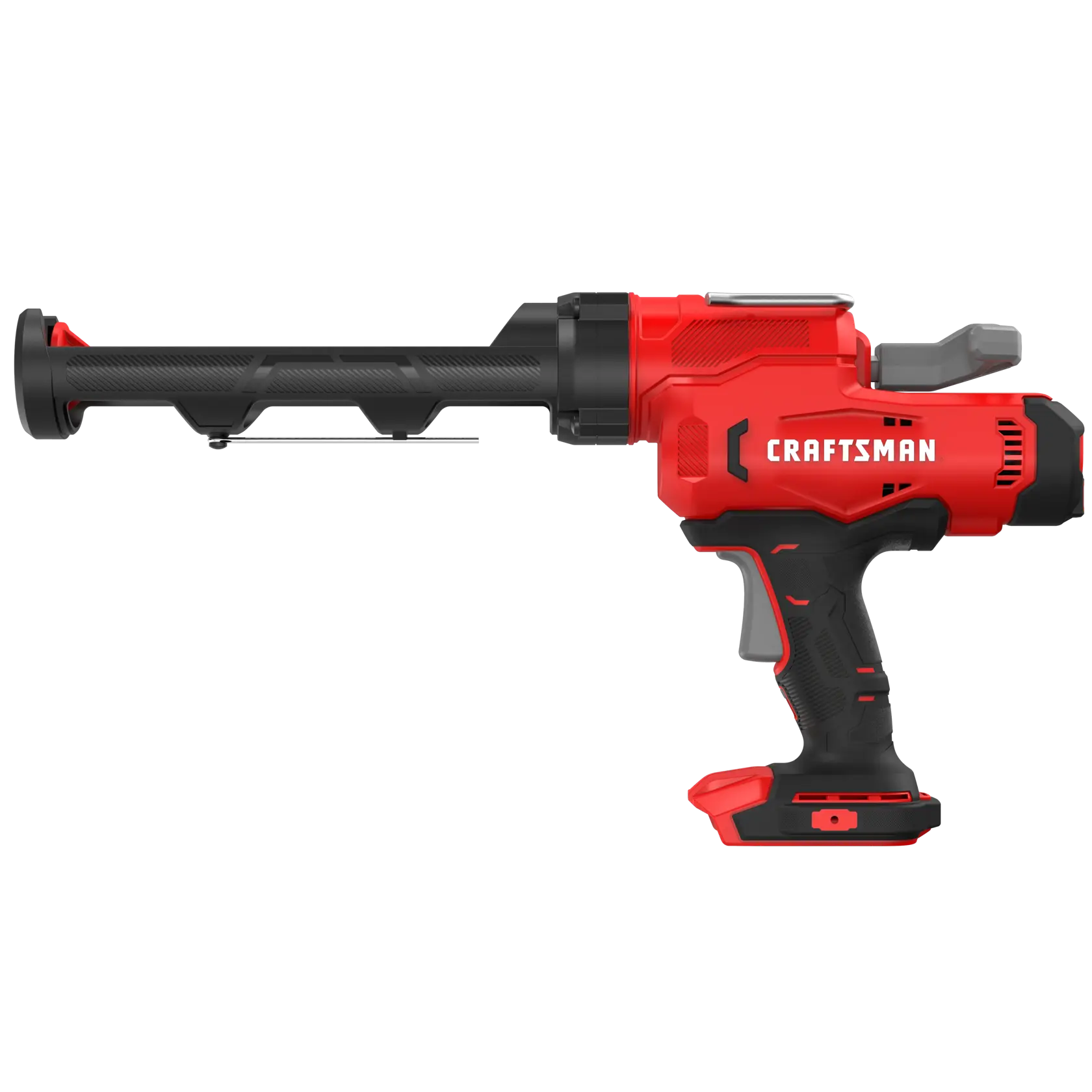 A red and black Craftsman cordless caulking gun with an ergonomic handle and trigger, designed for dispensing sealant or adhesive from tubes.