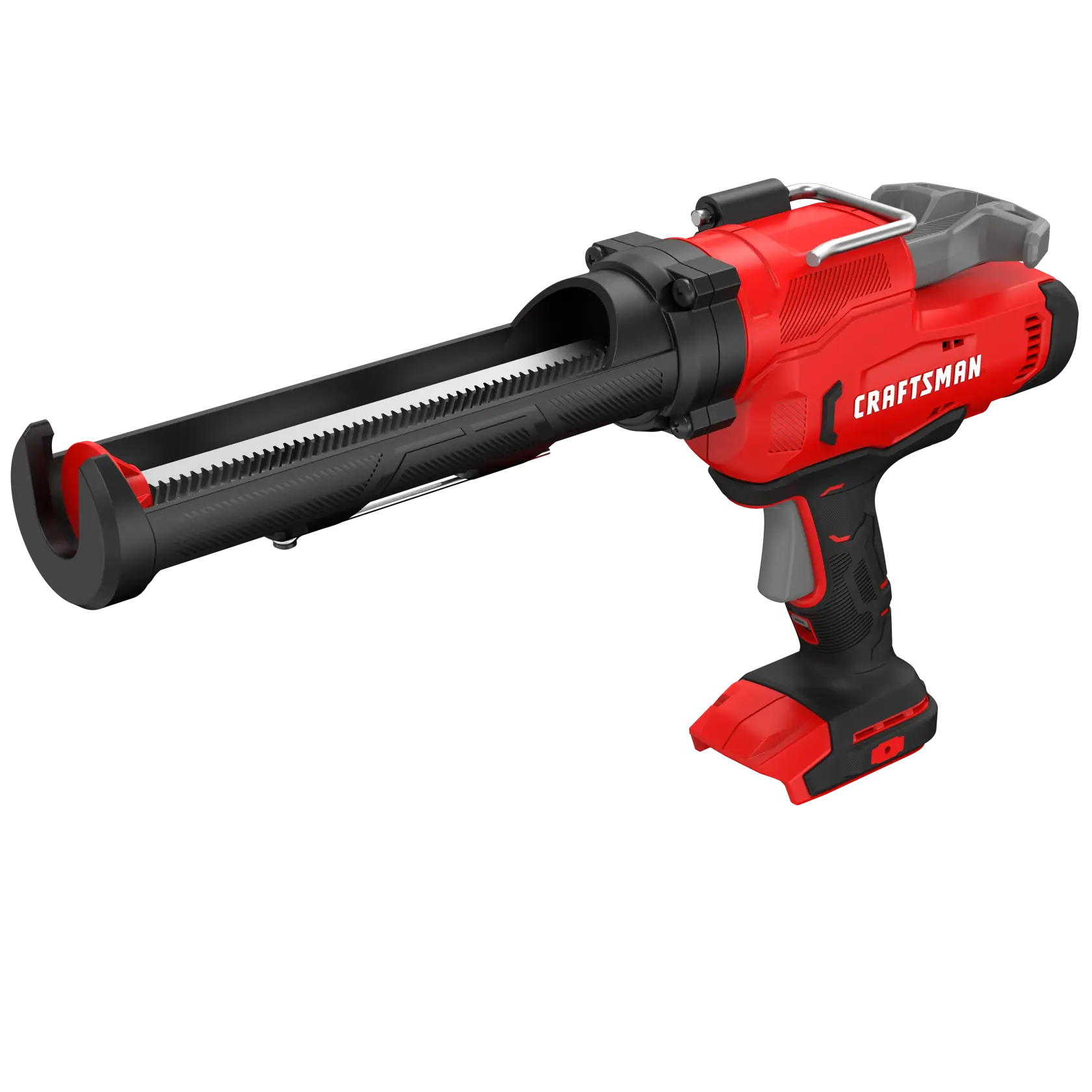 A red and black cordless caulking gun with a Craftsman logo, used for dispensing sealant or adhesive from tubes.