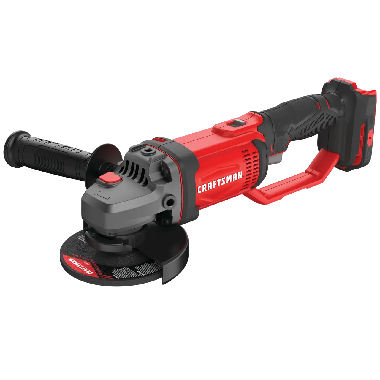 A red and black cordless angle grinder with a side handle, featuring the brand name 'CRAFTSMAN' on the body.