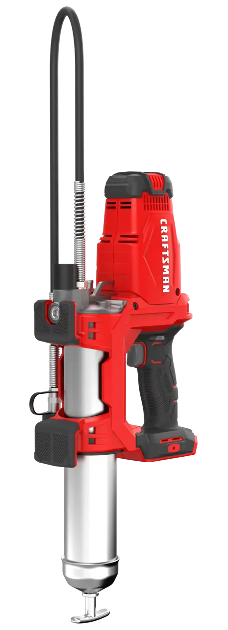 A red and black electric grease gun with a cylindrical metal tube and a flexible hose attachment, designed for automotive or machinery lubrication. The tool has a labeled handle and trigger for operation.