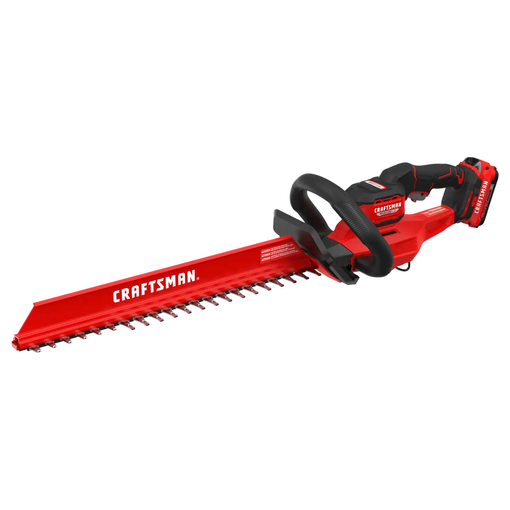A red and black cordless hedge trimmer with the brand name 'CRAFTSMAN' on the blade guard, designed for outdoor gardening tasks.