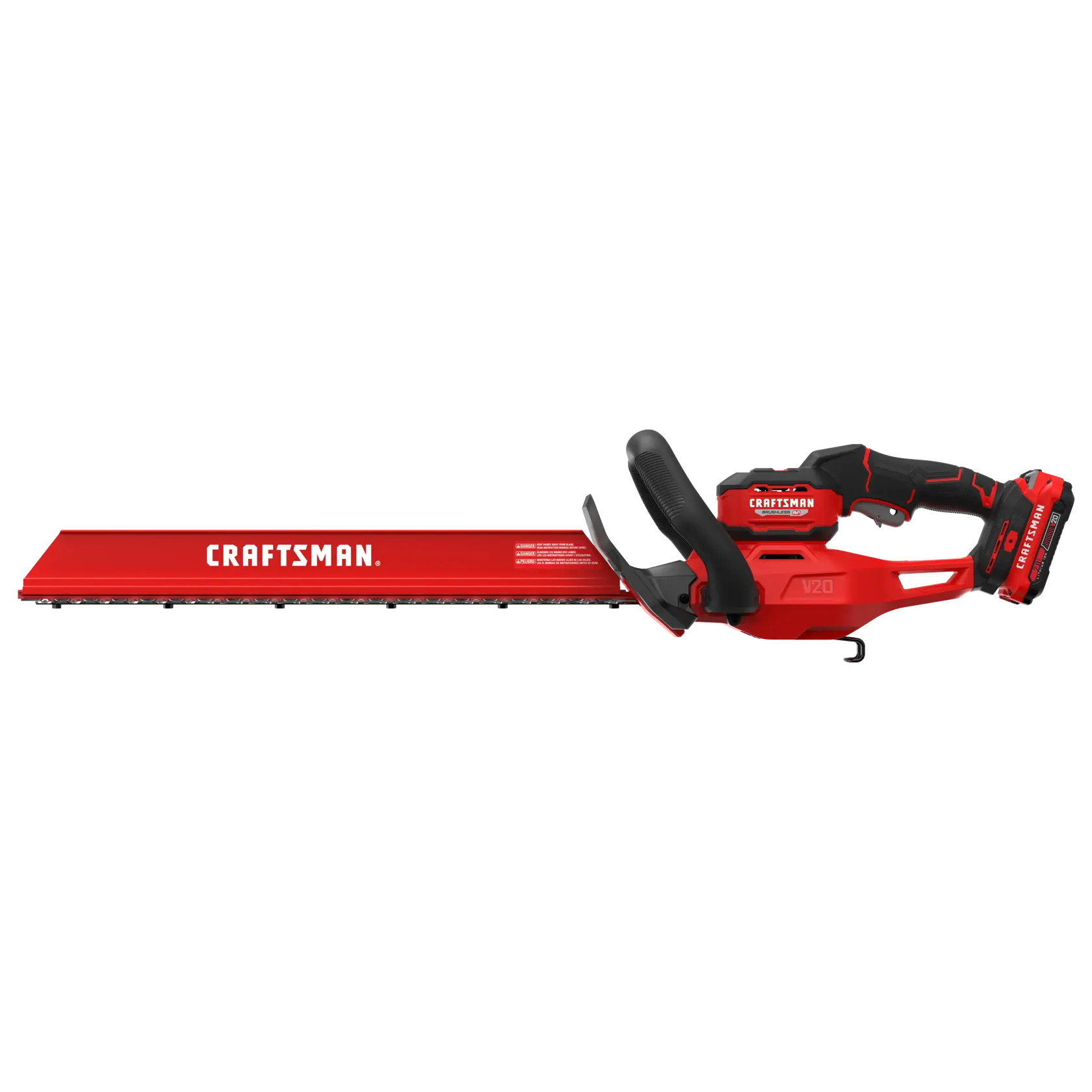 A red and black Craftsman V20 cordless hedge trimmer with a protective blade cover, positioned horizontally against a white background.