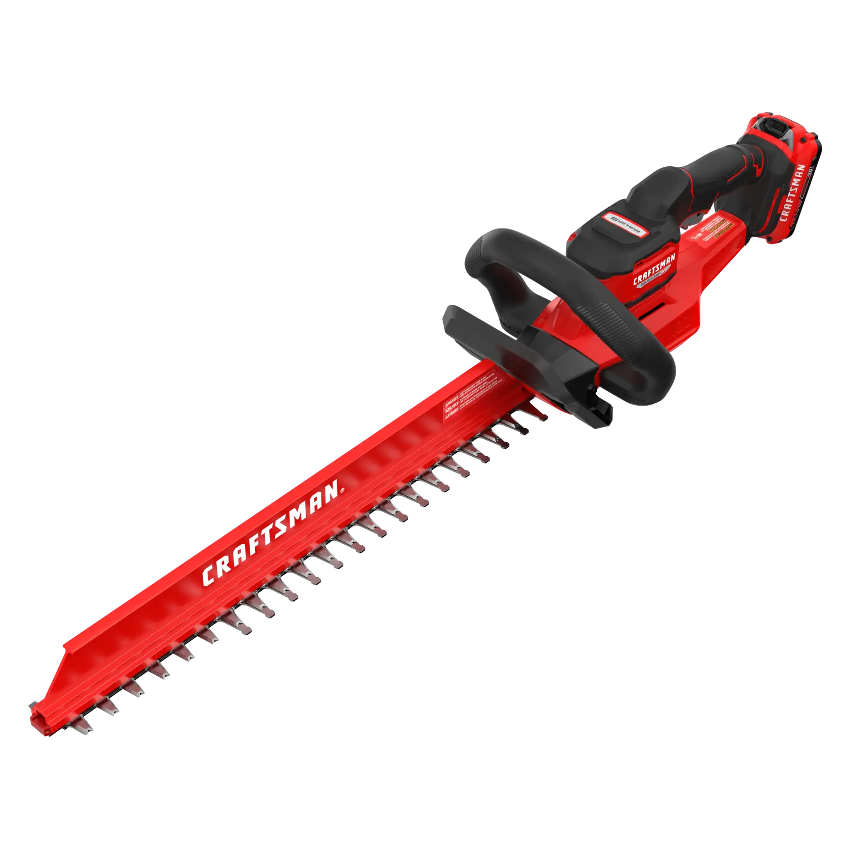 A red Craftsman cordless hedge trimmer with a black handle and blade guard, showing the sharp metal blades along the trimming edge.