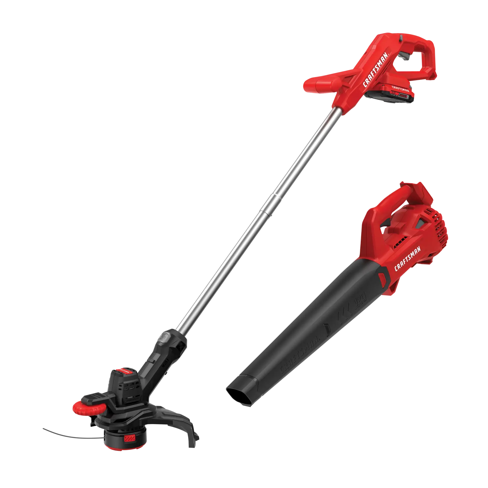 CRAFTSMAN V20 10" WEEDWACKER String Trimmer and Edger beside V20 Blower on white background