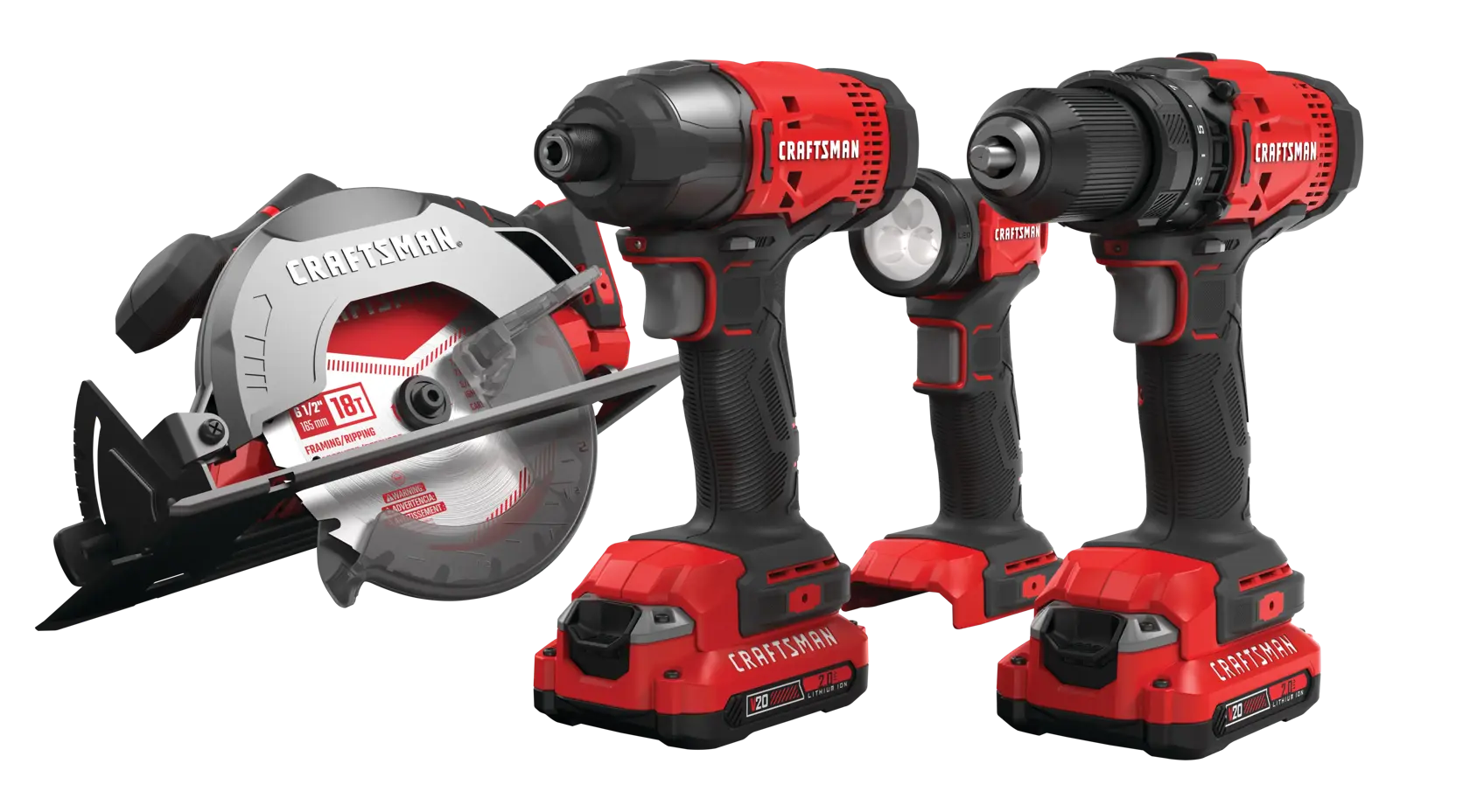 Photo of Craftsman CMCK401D2 cordless tool set with circular saw, drill, impact driver, and flashlight, front view.