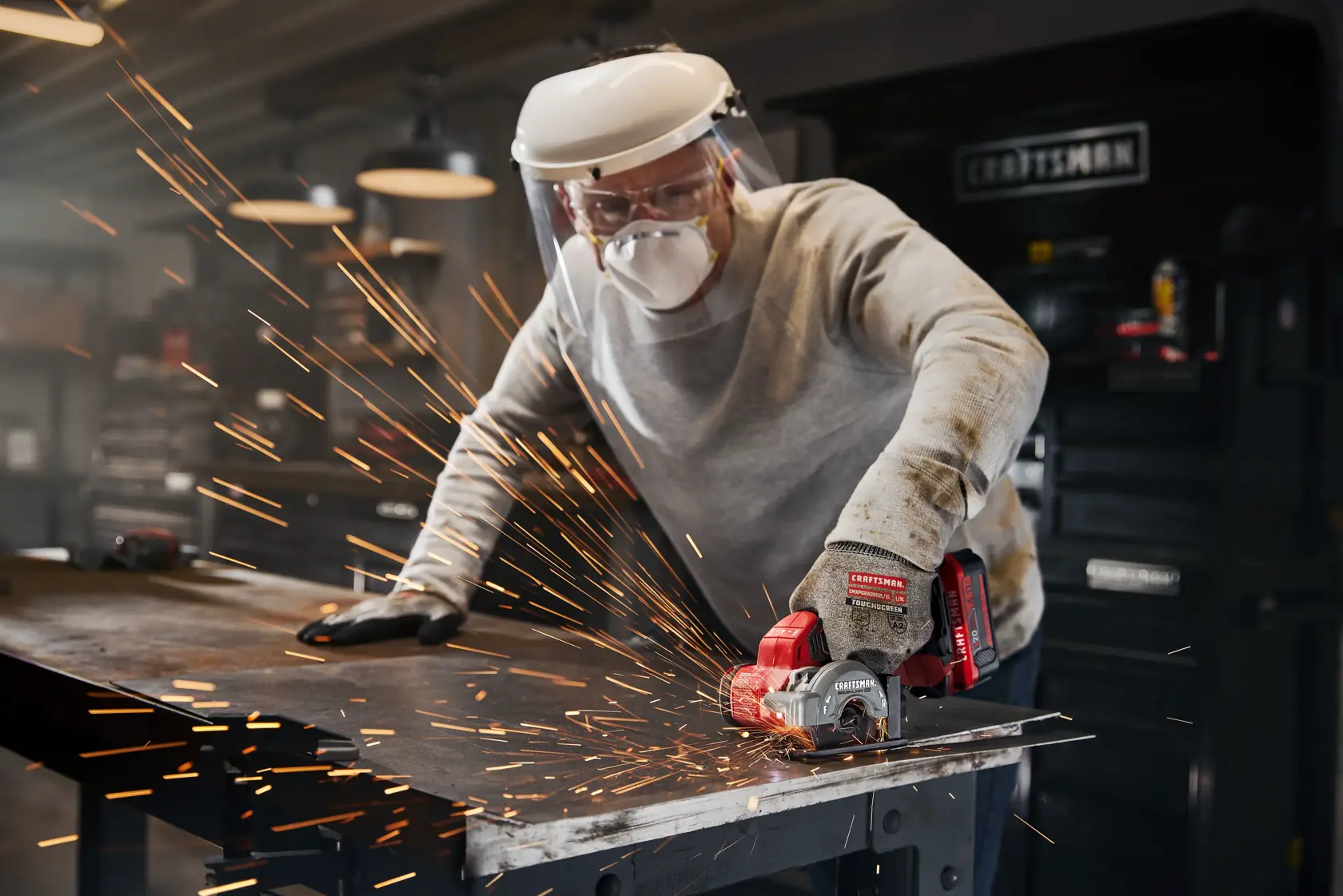 Craftsman V20 Brushless RP Cutoff Tool cutting through metal sheet