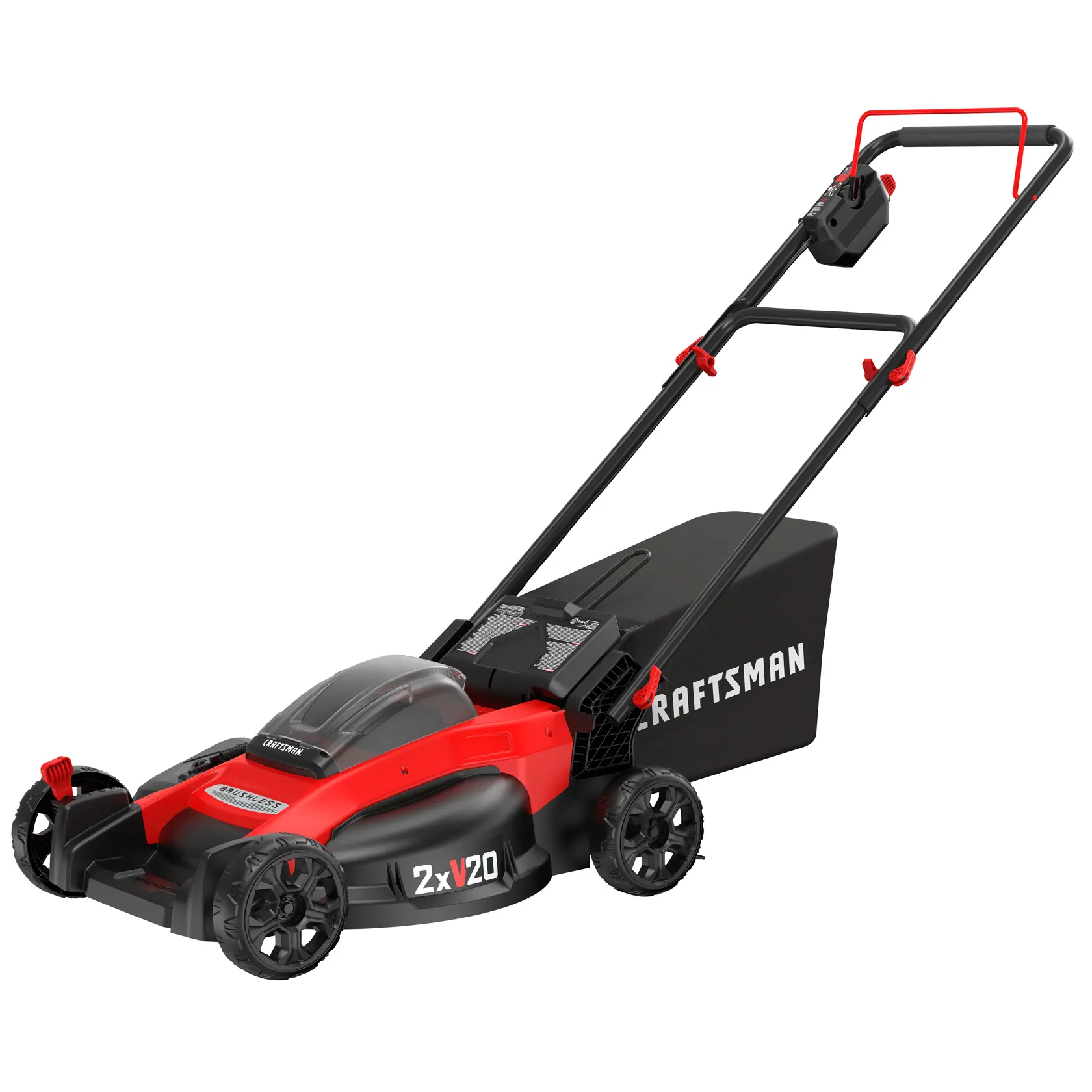 Photo d'une tondeuse à gazon électrique sans fil Craftsman CMCMW220P2, rouge et noire, vue latérale sur fond blanc.
