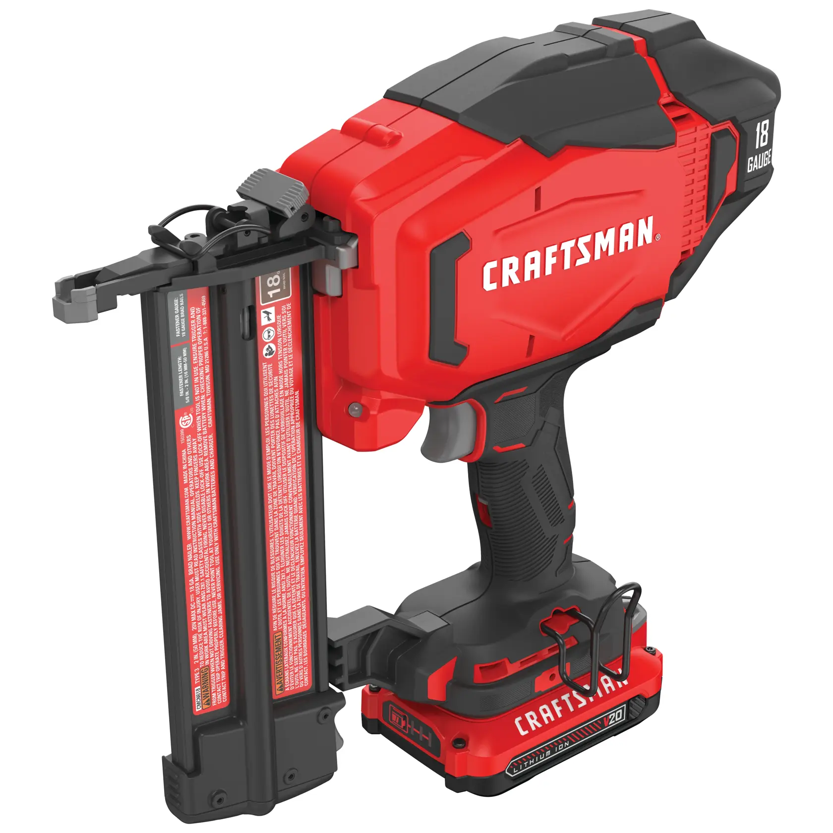 Left profile of 20 volt 18 gauge cordless brad nailer kit.