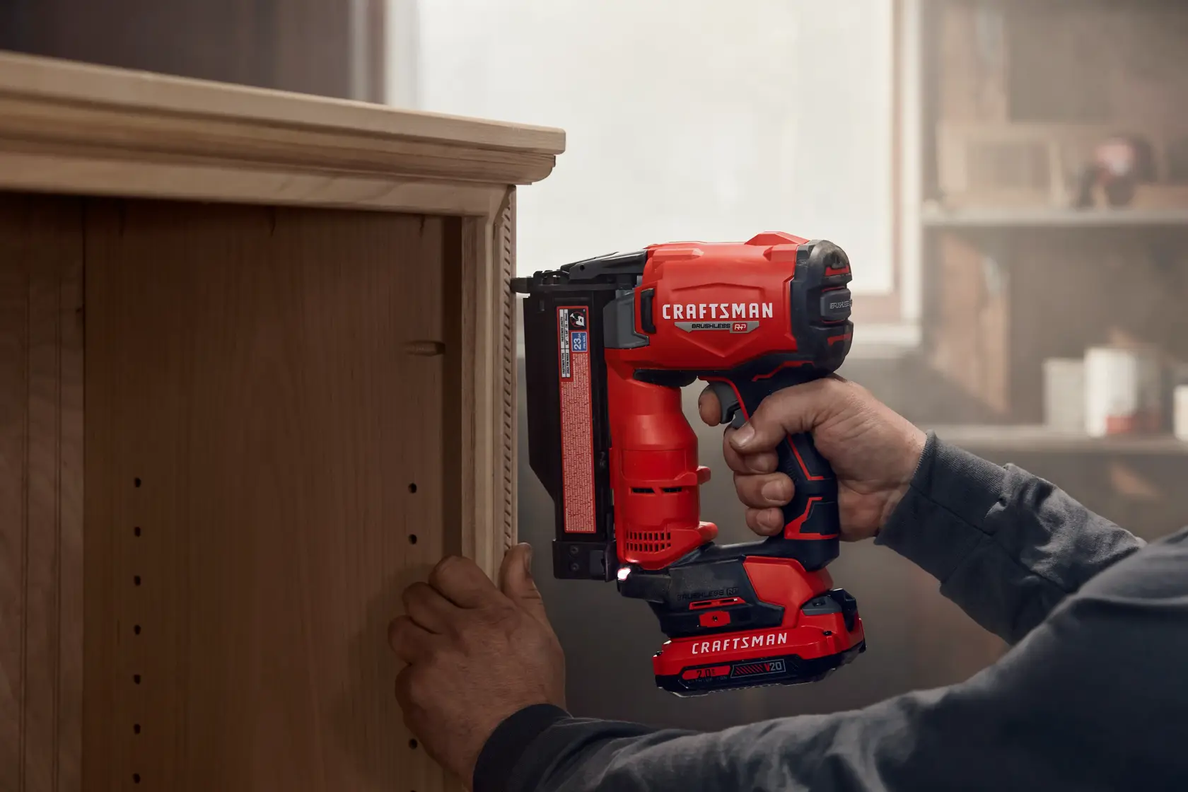 CRAFTSMAN V20 BRUSHLESS RP 23 guage pin nailer in use