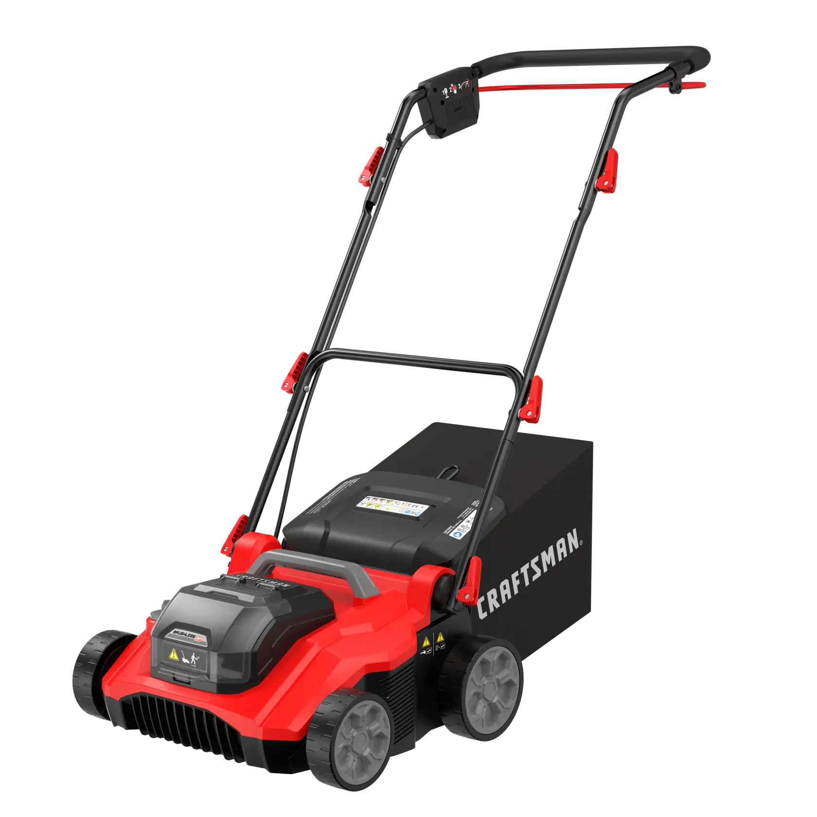 A red and black Craftsman lawn mower with a rear grass collection bag, sturdy wheels, and ergonomic handle.
