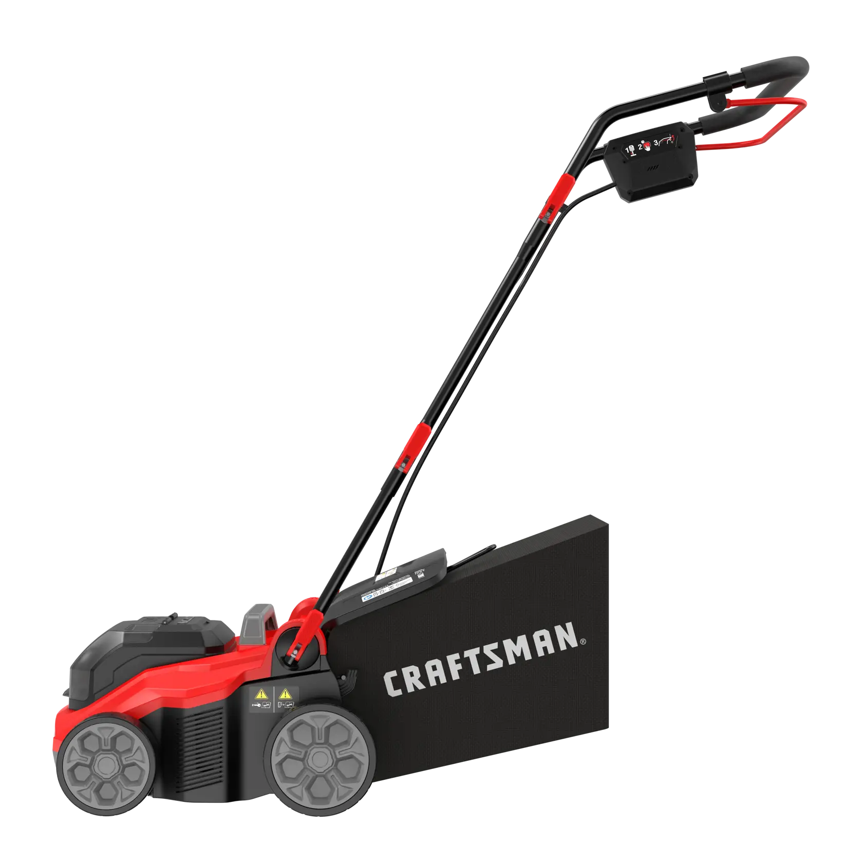 A red and black Craftsman-branded lawn mower with a grass collection bag attached, shown from the side on a white background.