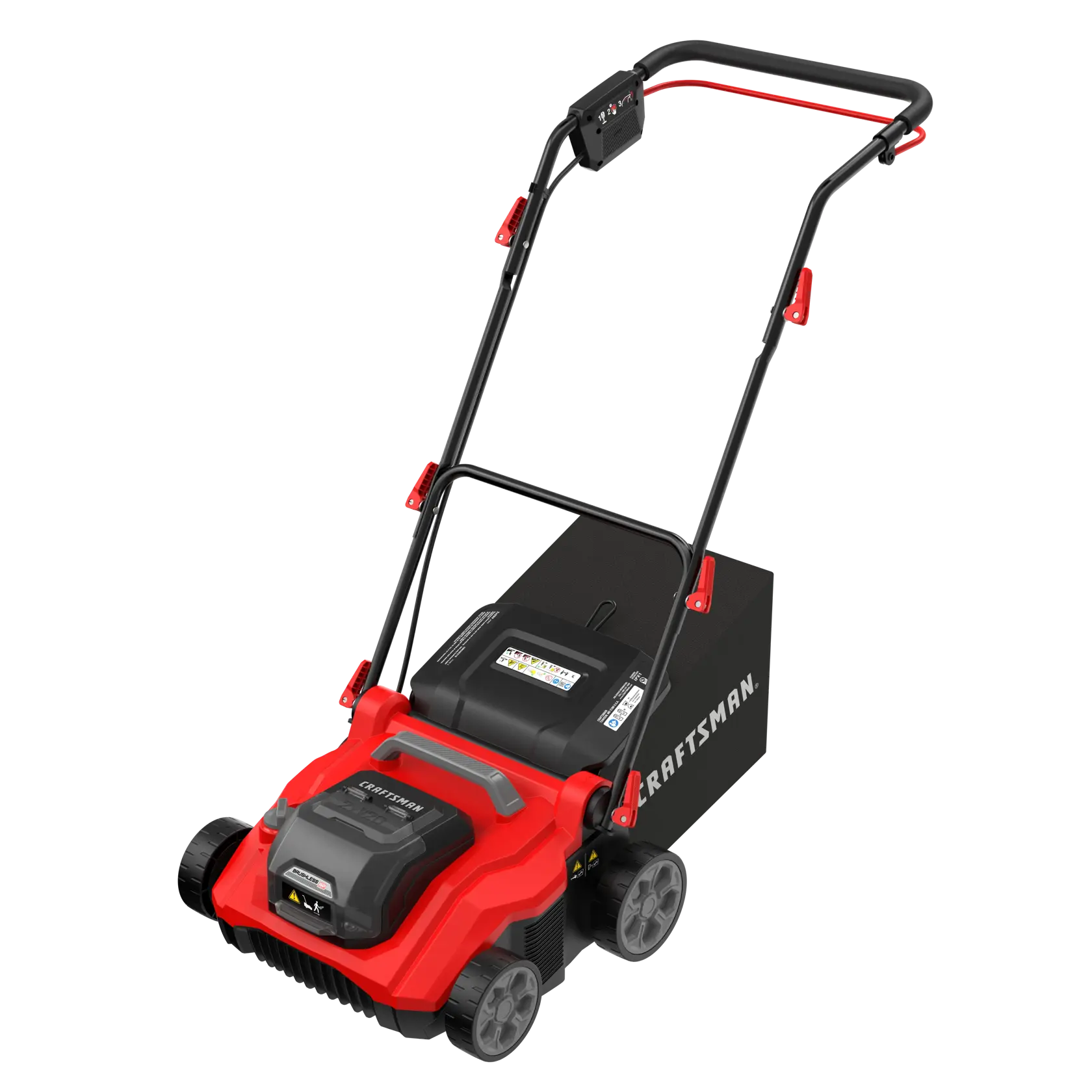 A red and black cordless electric lawn mower with a grass collection bag attached, designed for residential lawn maintenance.