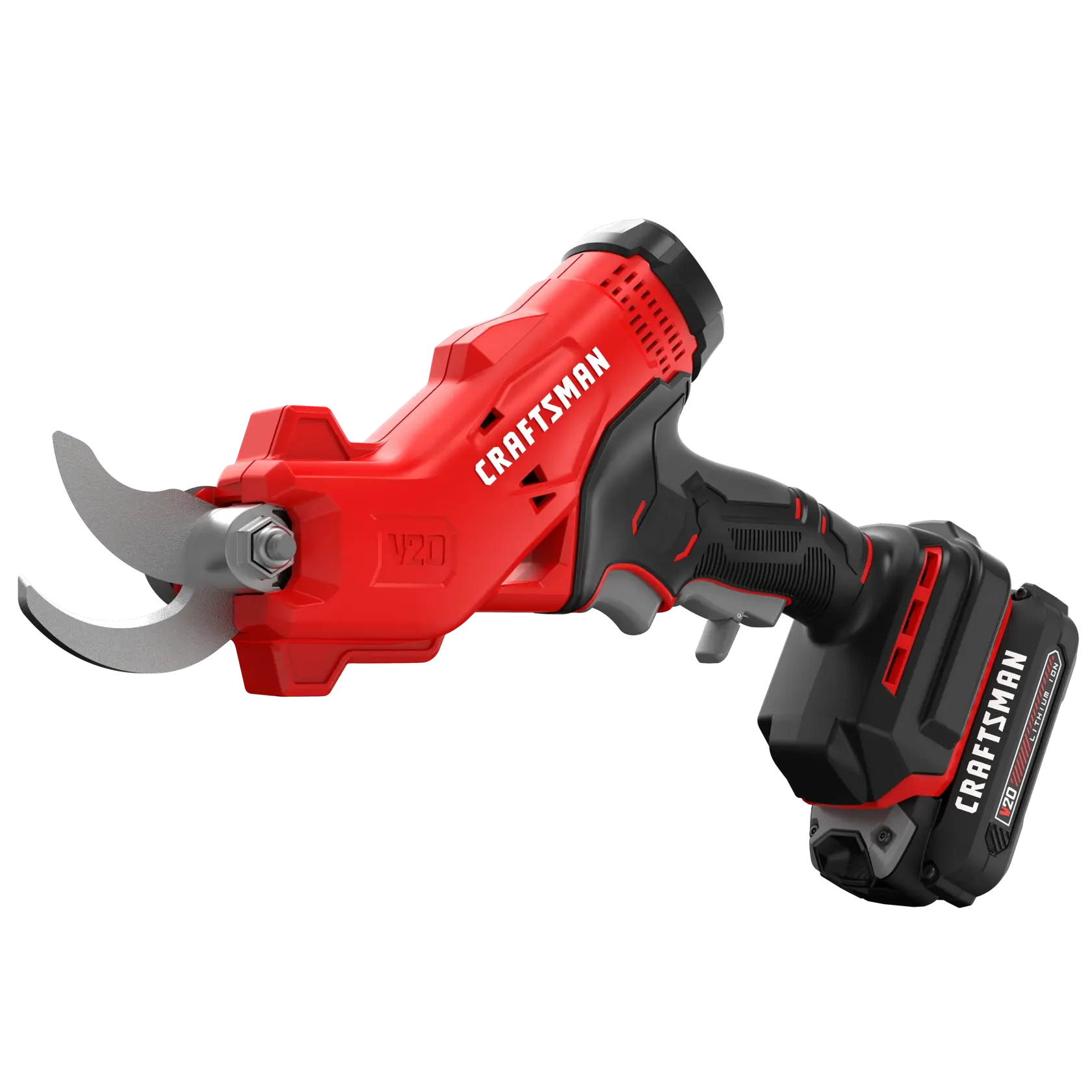 Photo of Craftsman cordless pruner CMCPR320C1, red and black, side angle on white background.