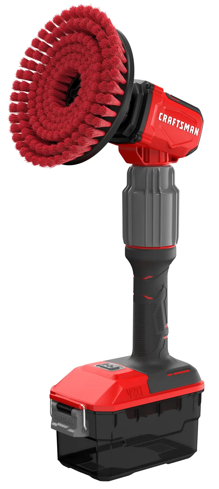 A red and black cordless power scrubber with a round brush head, designed for cleaning surfaces. The device has a handle and a detachable base, and is branded with 'CRAFTSMAN' on the side.
