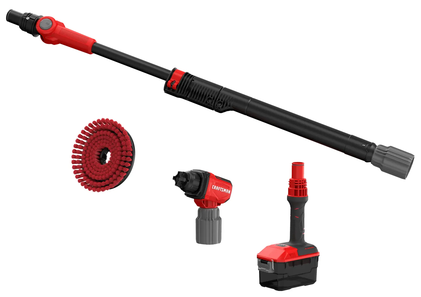A set of power cleaning tools including a long black and red telescoping wand, a round red scrub brush attachment, a compact red and grey tool with 'Craftsman' branding, and a red and black handheld base component.