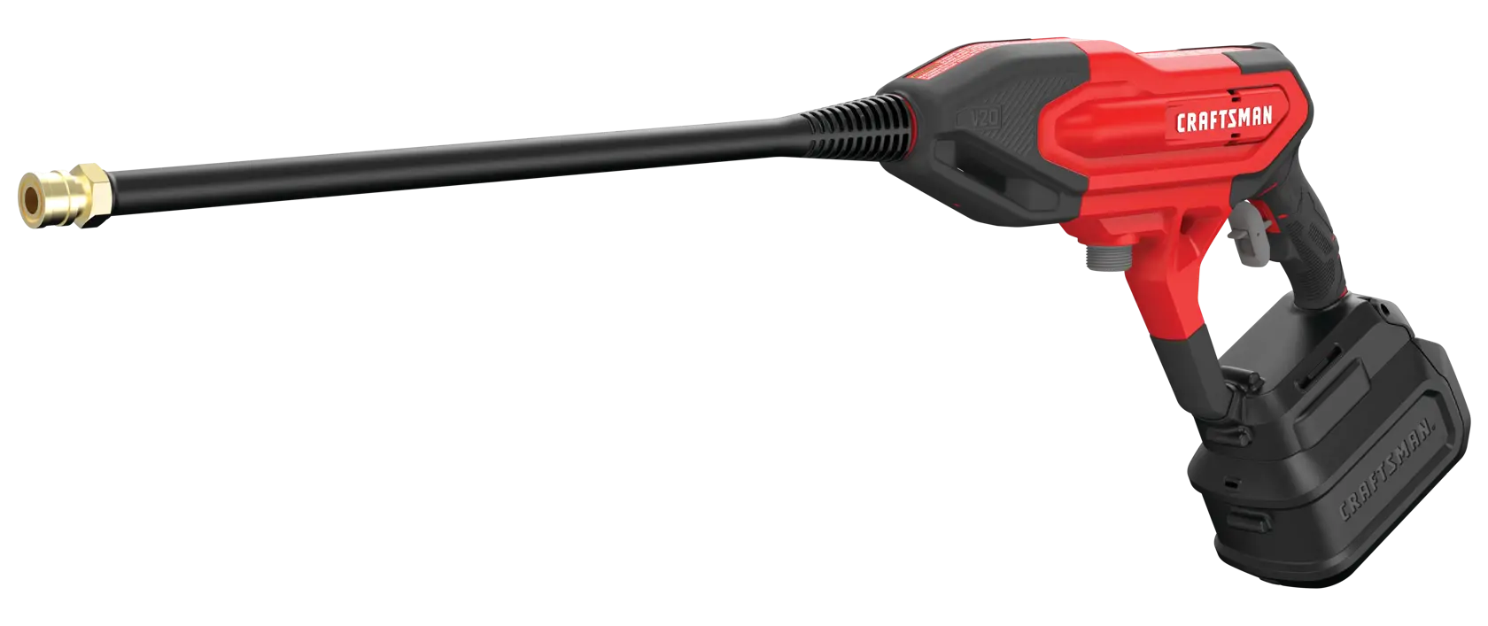 Photo of Craftsman cordless pressure washer CMCPW350D1, red and black, side angle, on white background.