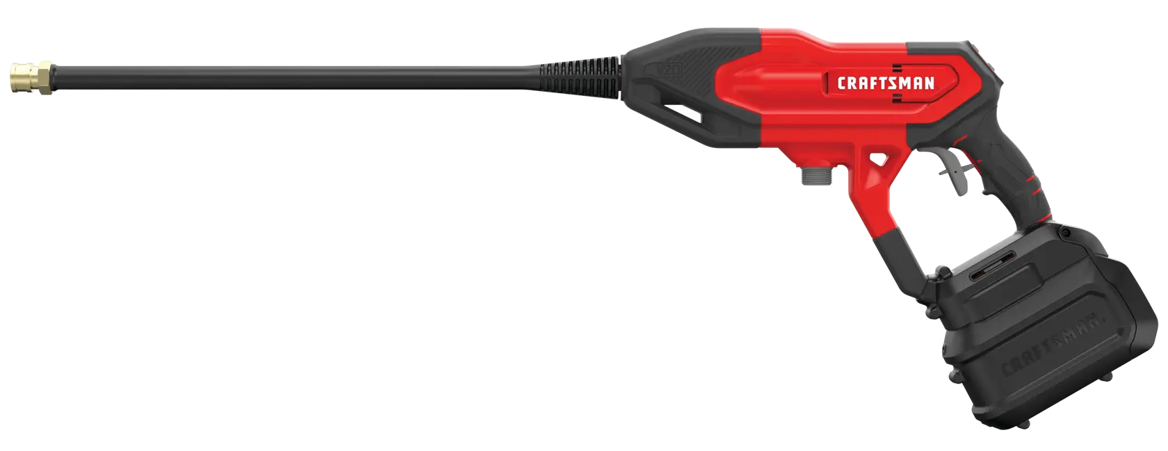 A red and black handheld Craftsman cordless power washer with a long nozzle attachment.