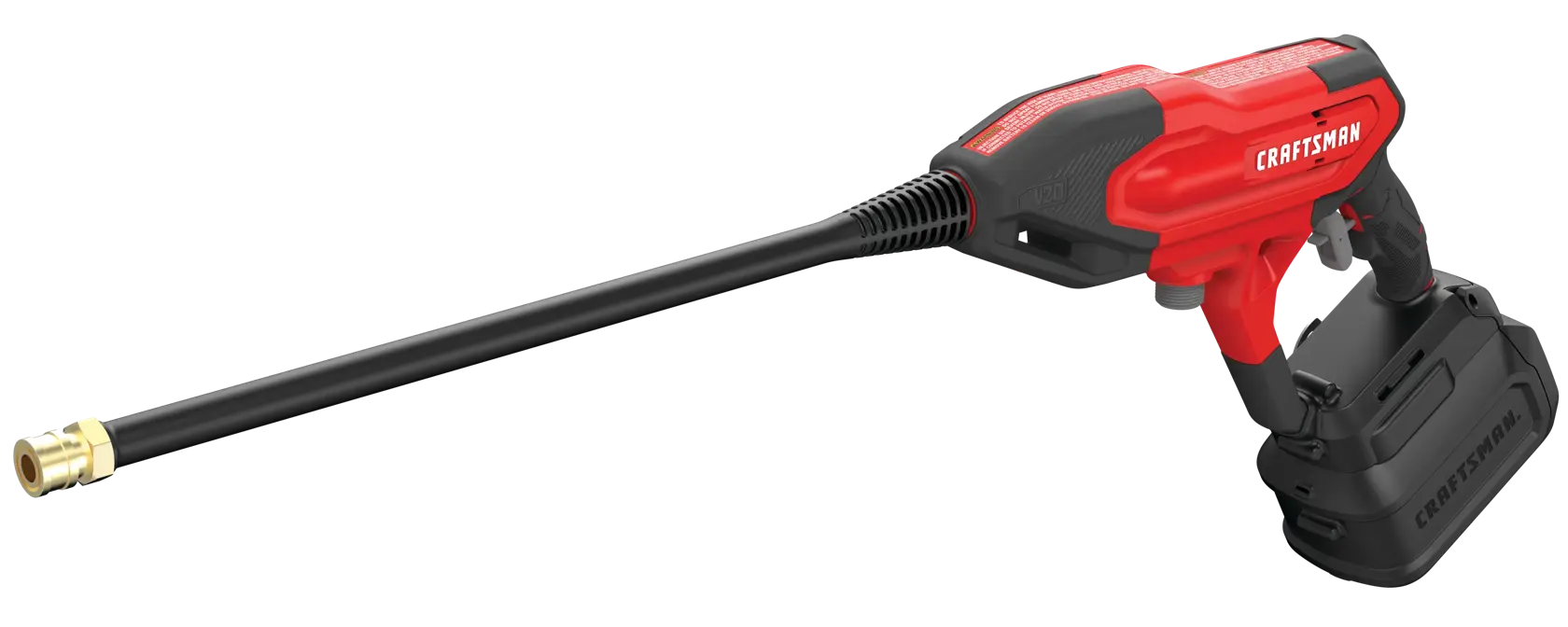 A red and black handheld cordless power washer with a long black nozzle and a battery pack attached at the base. The brand craftsman is visible on the tool.