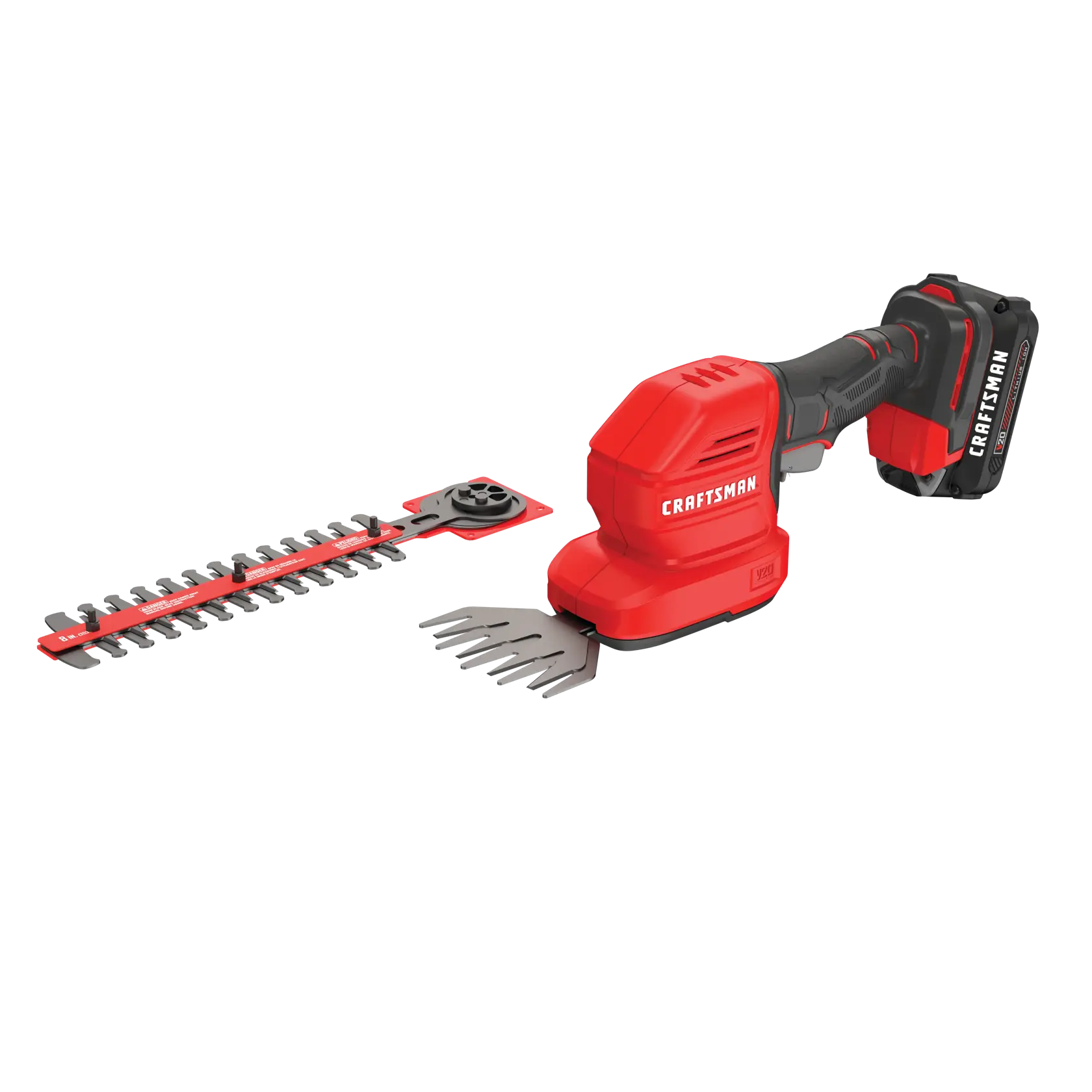 20 volt 8 inch cordless 2 in 1 hedge trimmer and 4 inch grass shear kit.